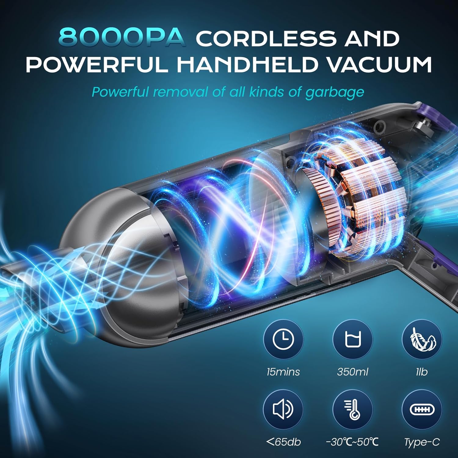Cordless Handheld Vacuum, Portable Car Vacuum with LED Light,Rechargeable Small Vacuum Cleaner with Powerful Suction,Lightweight Vacuum Cleaner for Car Home Office Pet Hair,Grey