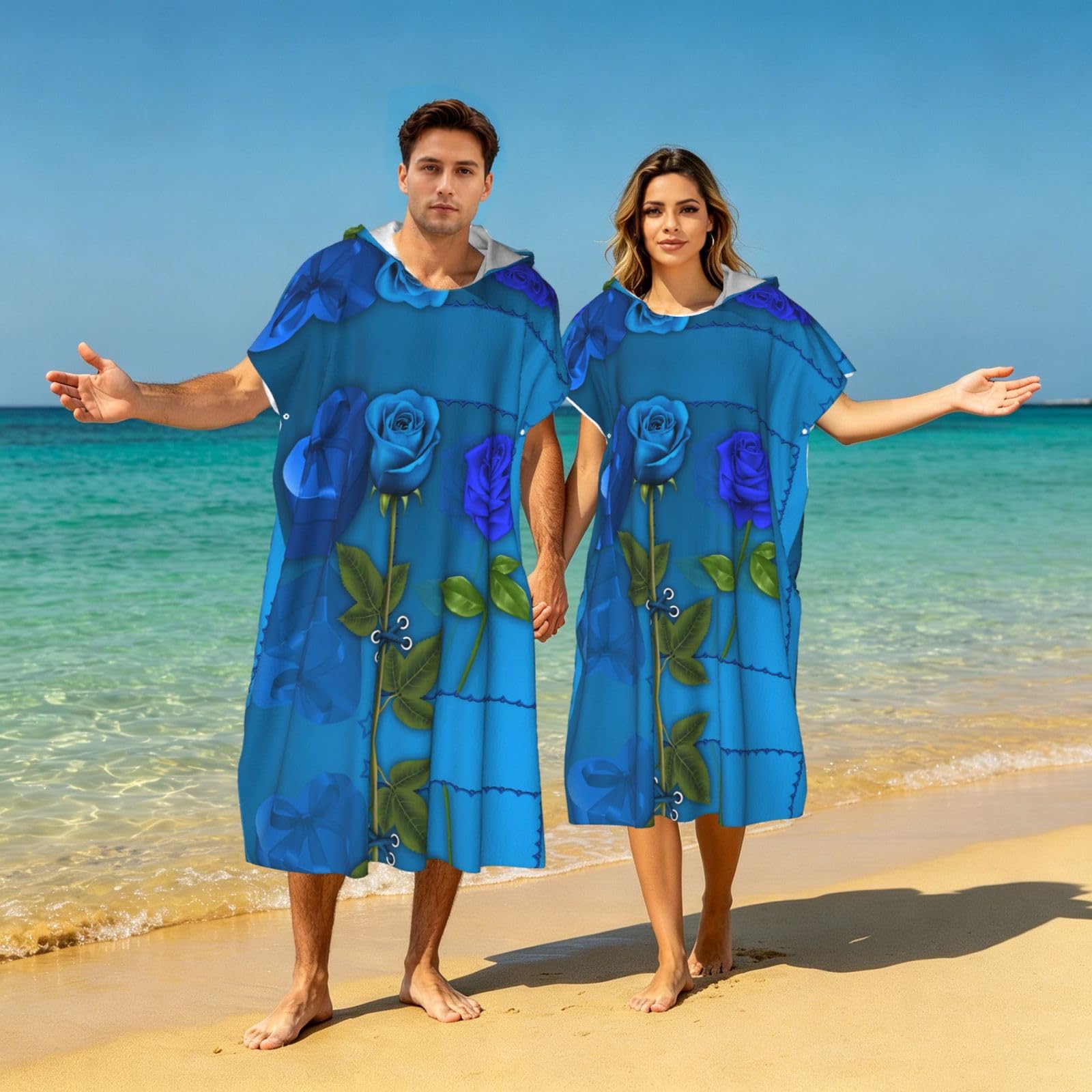 Strandtuch mit Kapuze und Rosenmotiv, Poncho für Erwachsene, Mikrofaser, Umkleidemantel, Bademantel, Sommer, Strandtuch