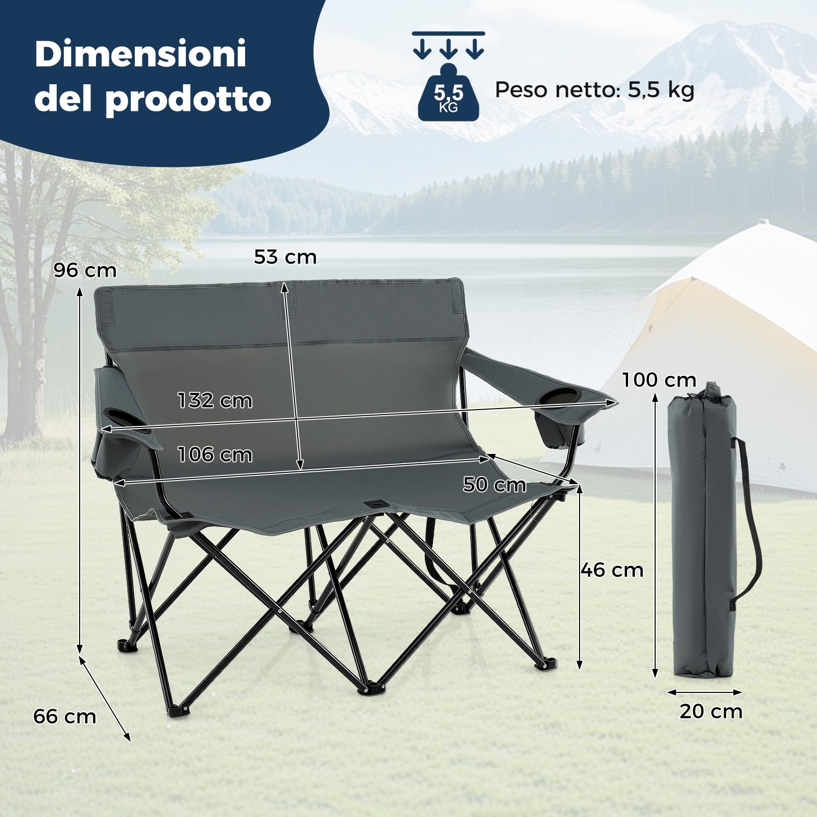 COSTWAY Sedia da Campeggio Doppia, Poltrona Pieghevole per 2 Persone con Portabicchieri, Borsa per il Trasporto, Sedia da Giardino Portatile per Spiaggia, Picnic, Pesca, Portata 300 kg (Grigio)