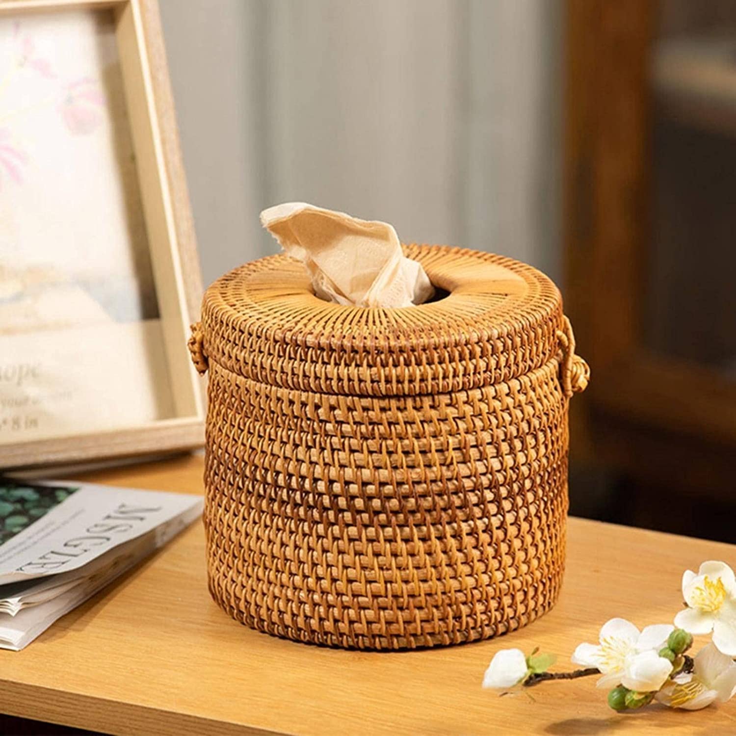 Pudełko na Chusteczki Nawilżane, Skrzynka na tkankę Okrągły Rattan Tissue Box Vine Roll Holder Papier WC Dyspensator do domu Sypialni i Salonu
