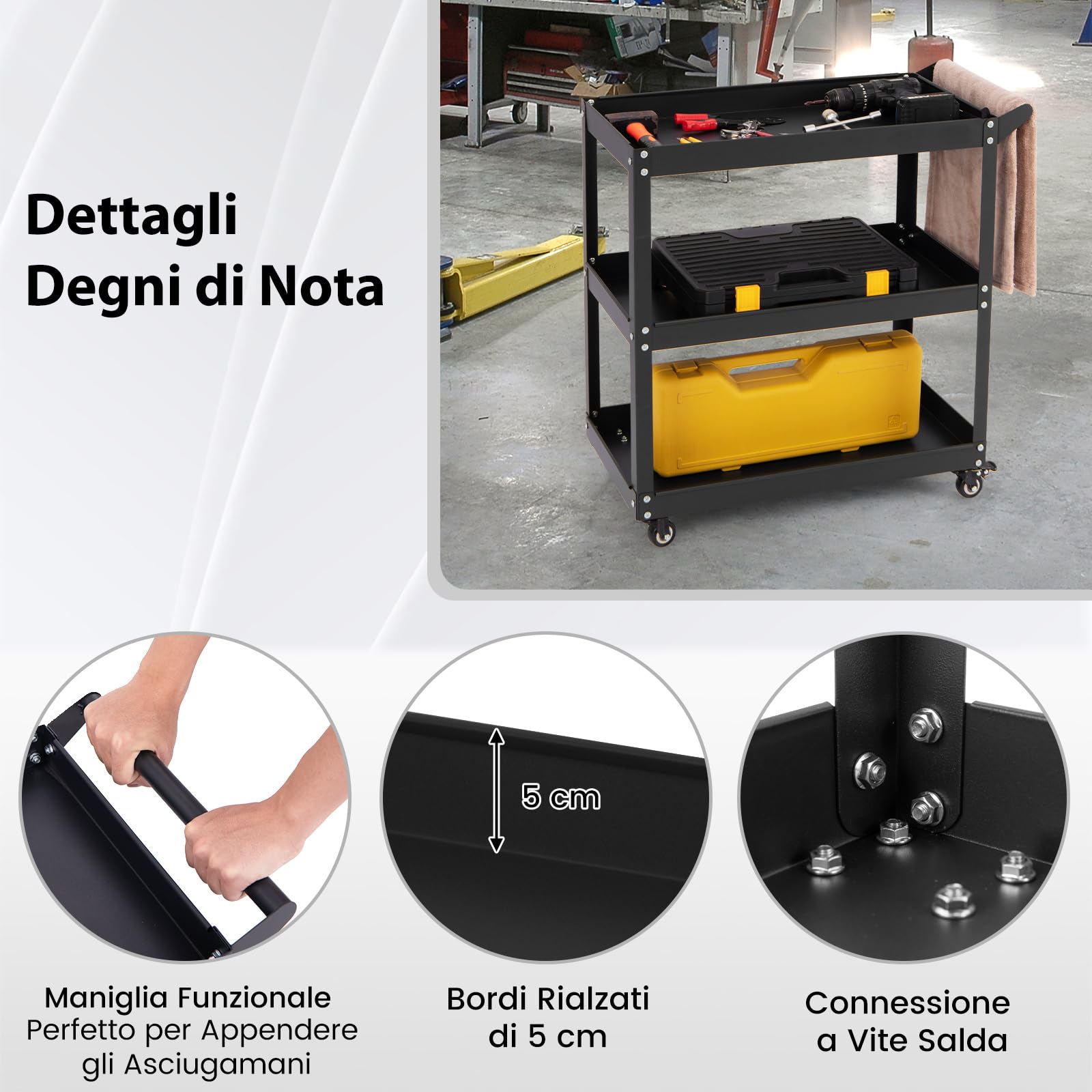 GYMAX Carrello Multiuso Robusto a 3 Ripiani con Maniglia Comoda, Ruote Bloccabili per Magazzino, Garage, Cucina, Officina (Nero)