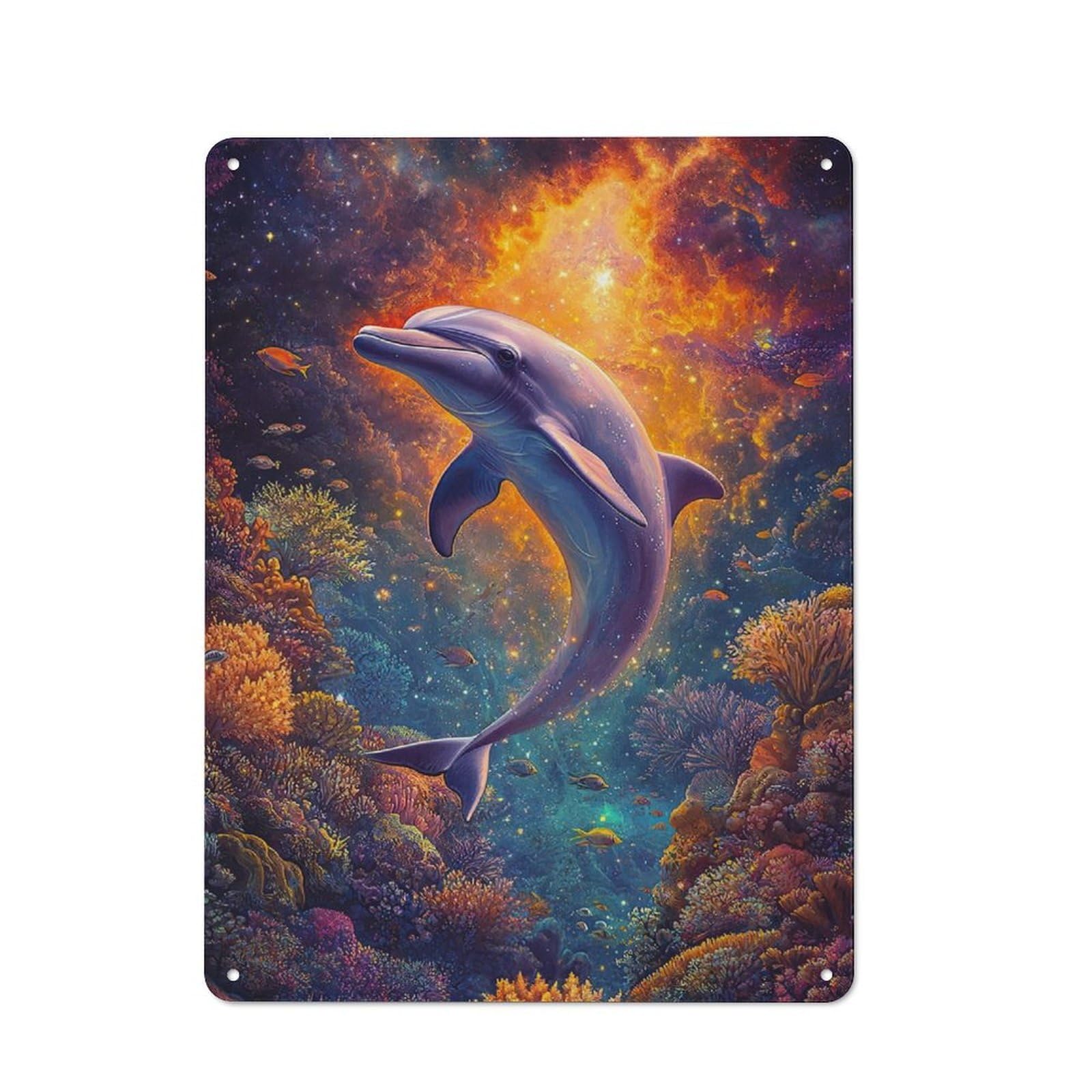 Junmoney Dolphin In Space Metal Plaque 40X30cm With For Garage Wall, Vintage Decor, For Vintage Wall Decor Fans, For Metal Sign Collectors