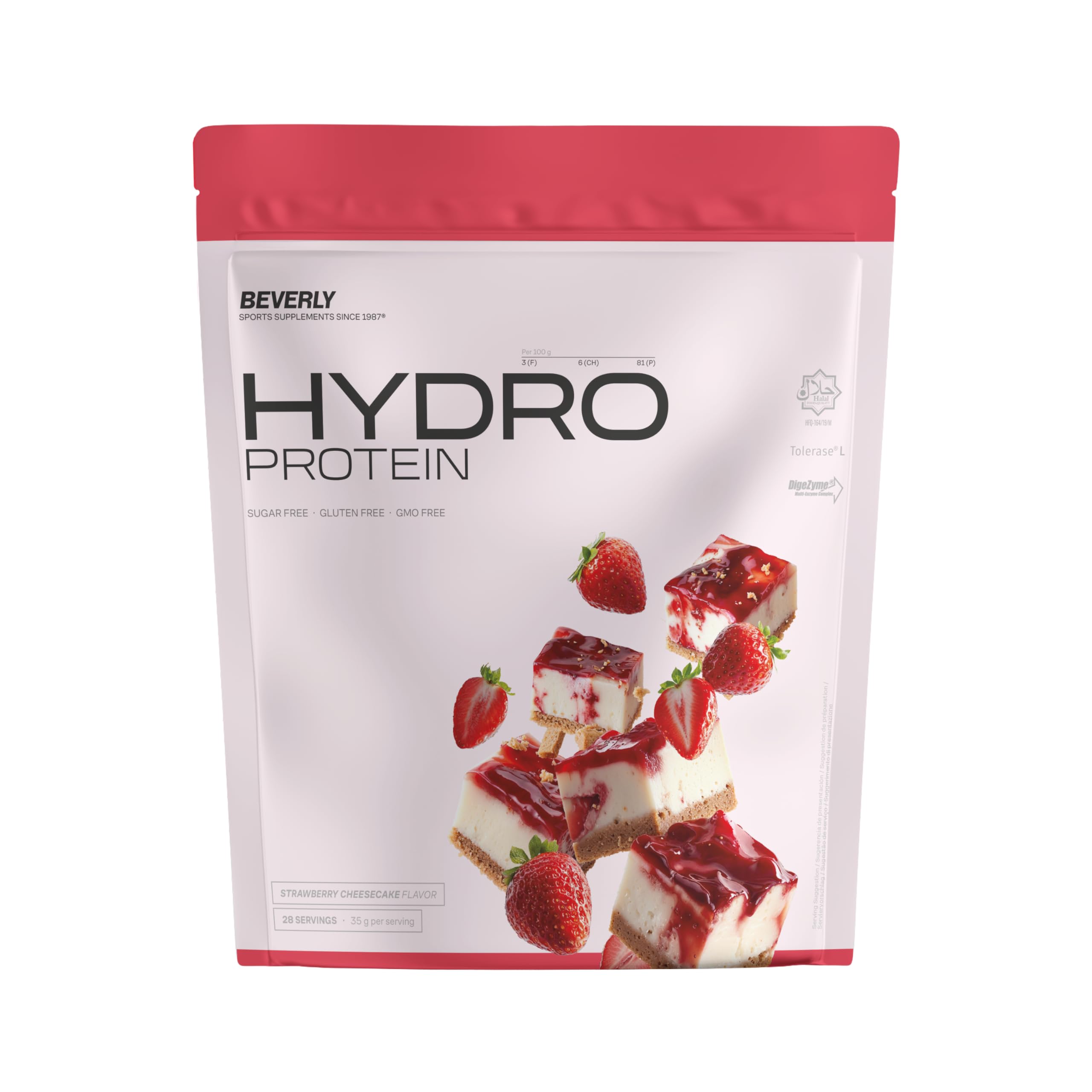 Beverly HYDRO PROTEIN - Protéines de lactosérum hydrolysées avec Digezyme et Tolerase - 1 kg - 29 g de protéines par portion - 28 portions - Saveur (Gateau au fromage aux fraise)
