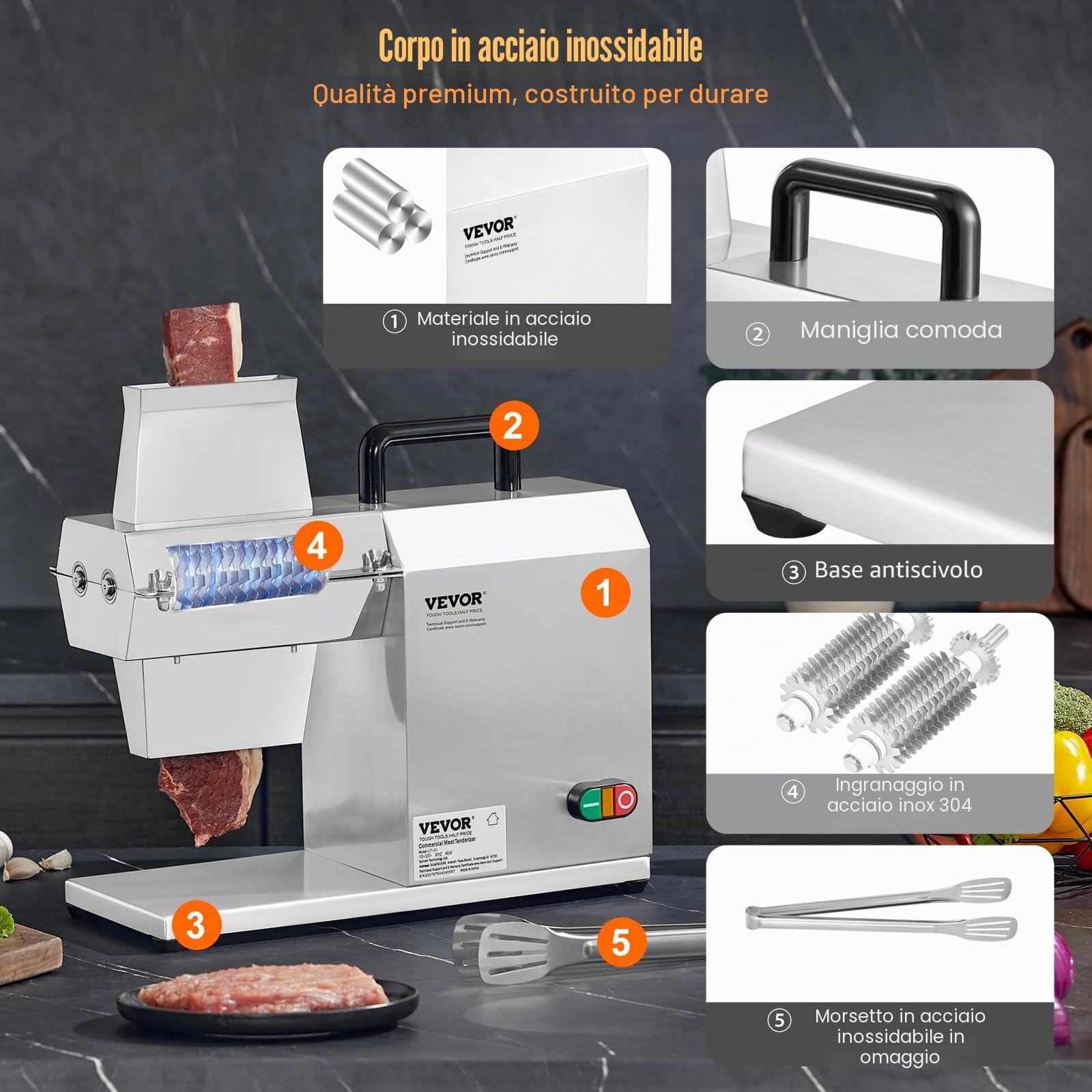 VEVOR Batticarne Elettrico Commerciale 120kg/h Macchina per Intenerire Carne 54 Lame in Acciaio Inossidabile, Inteneritore per Carne per Preparare Bistecche di Pollo Maiale da Cucina Batticarne 450W