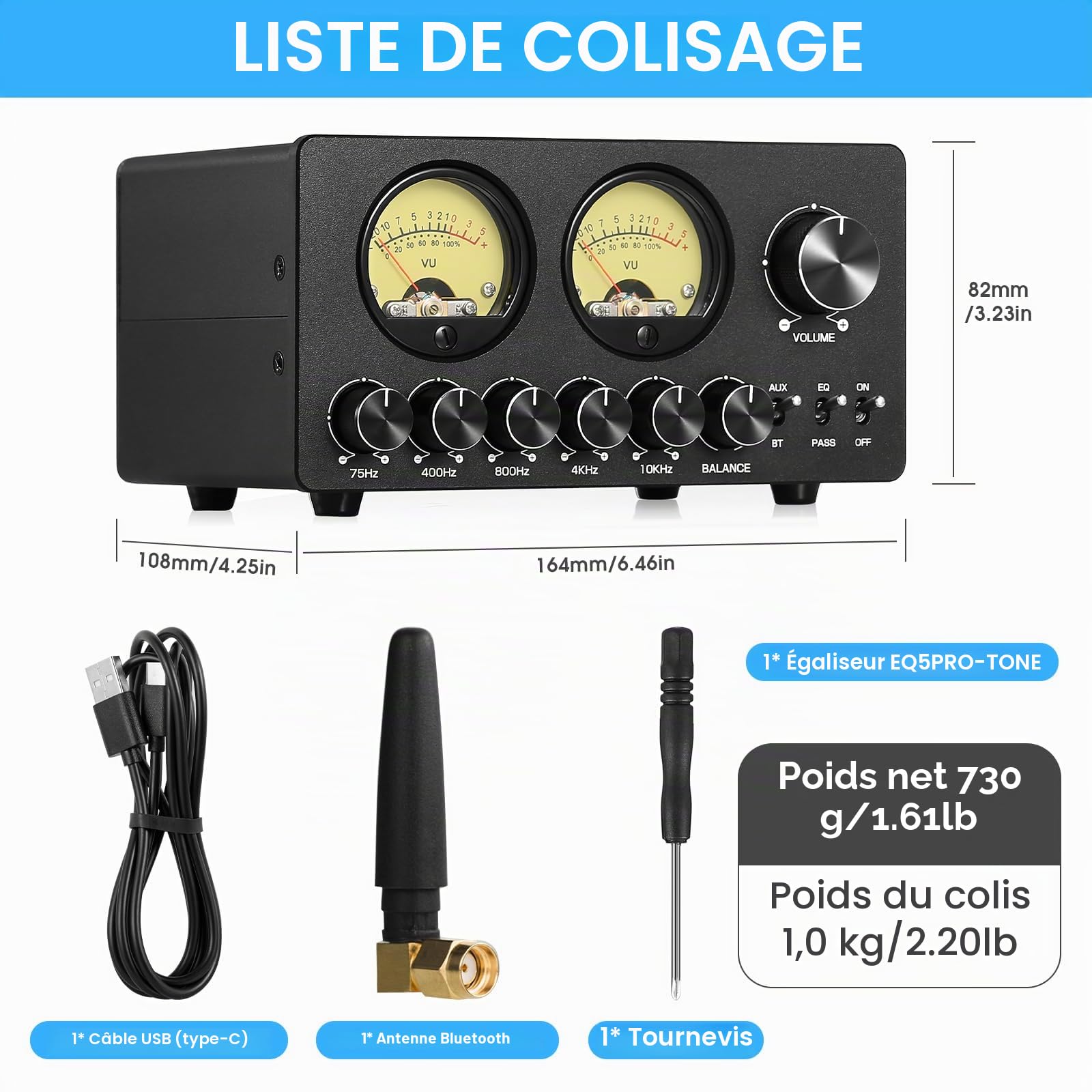 Douk Audio EQ5 PRO EQ5 PRO Egaliseur Bluetooth 5 bandes Préampli pour Home Stereo/Computer Speaker/Amplificateur avec VU Meter
