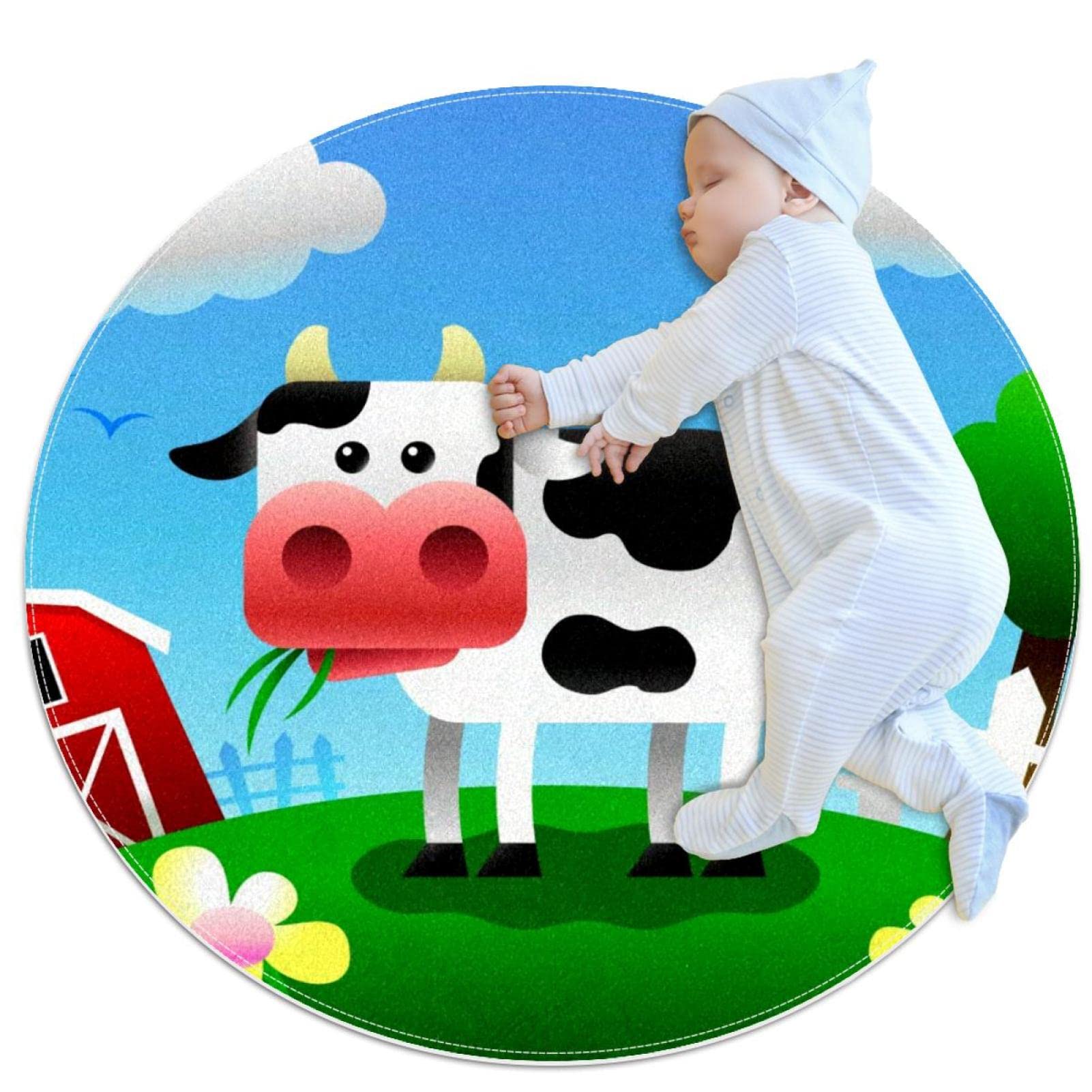 Tapis vache fermière rond JDEZ 100x100cm pour chambre et salon