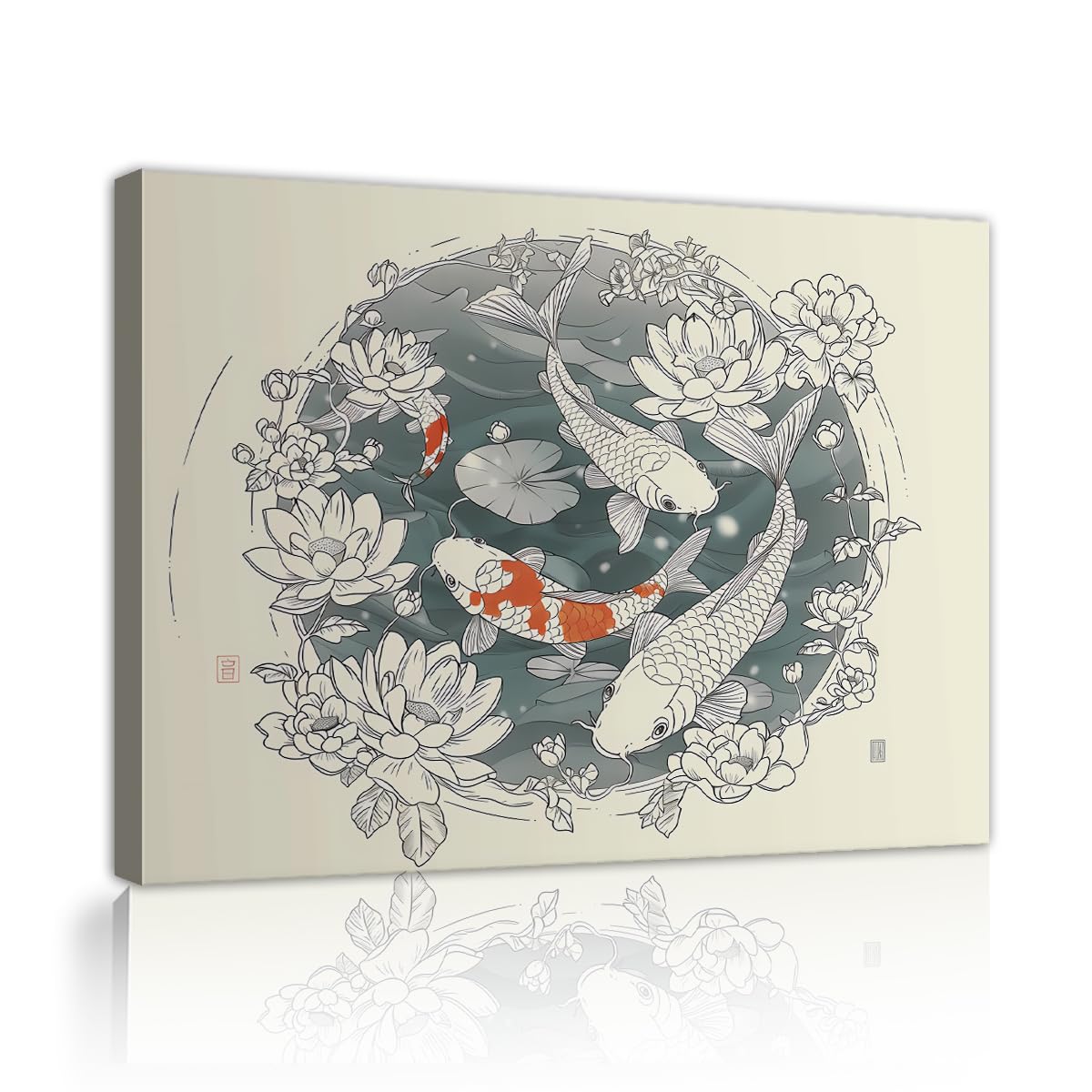 Via Vela Japanese Line Art Koi Fish Wall Art Lotus Flower Canvas Print Modern Japandi Animal Decor for Entryway Bedroom Living Room 50x75cm