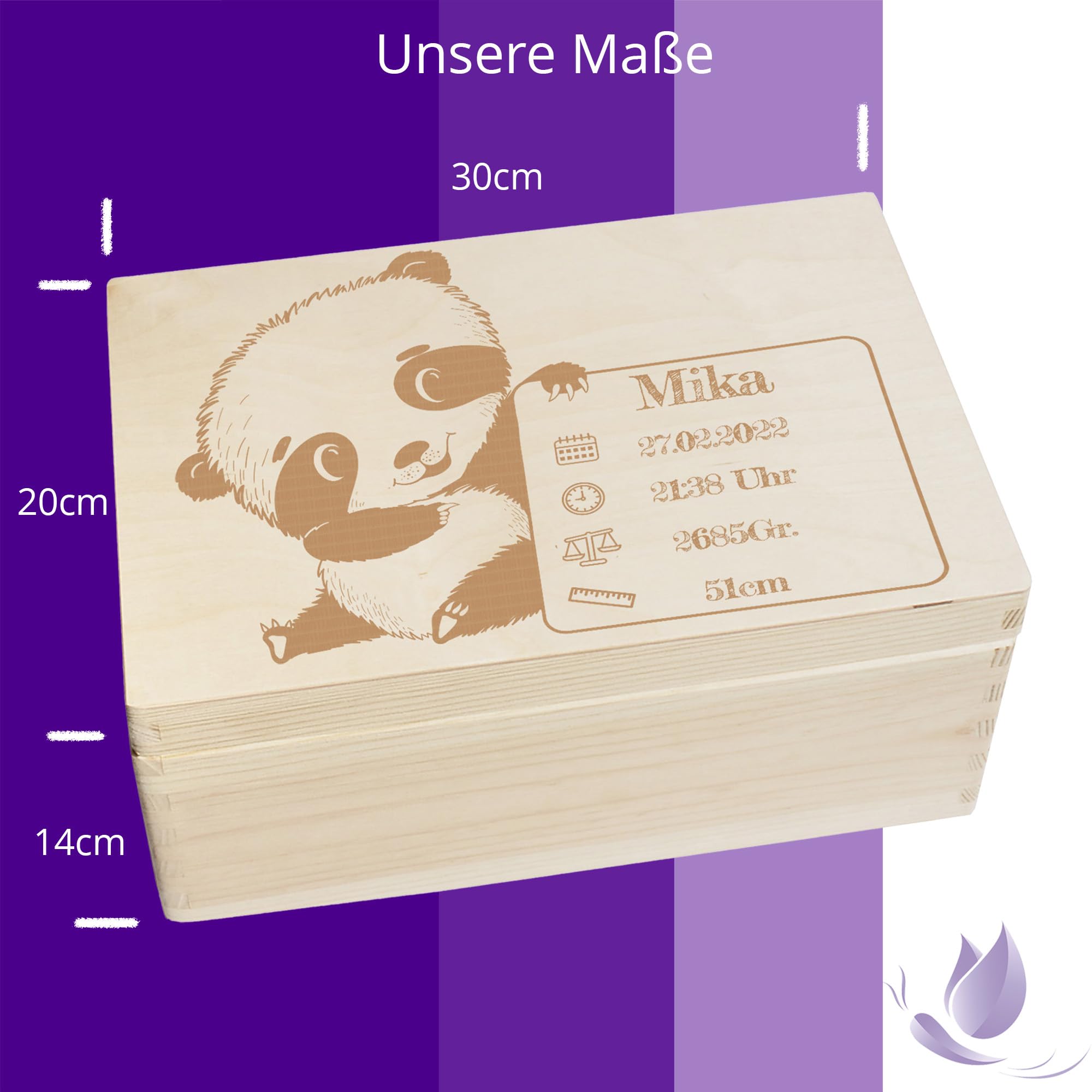 Scatola dei ricordi personalizzata per neonati e bambini con incisione Panda – Scatola in legno per bei ricordi – Scatola in legno 30 x 20 x 14 cm
