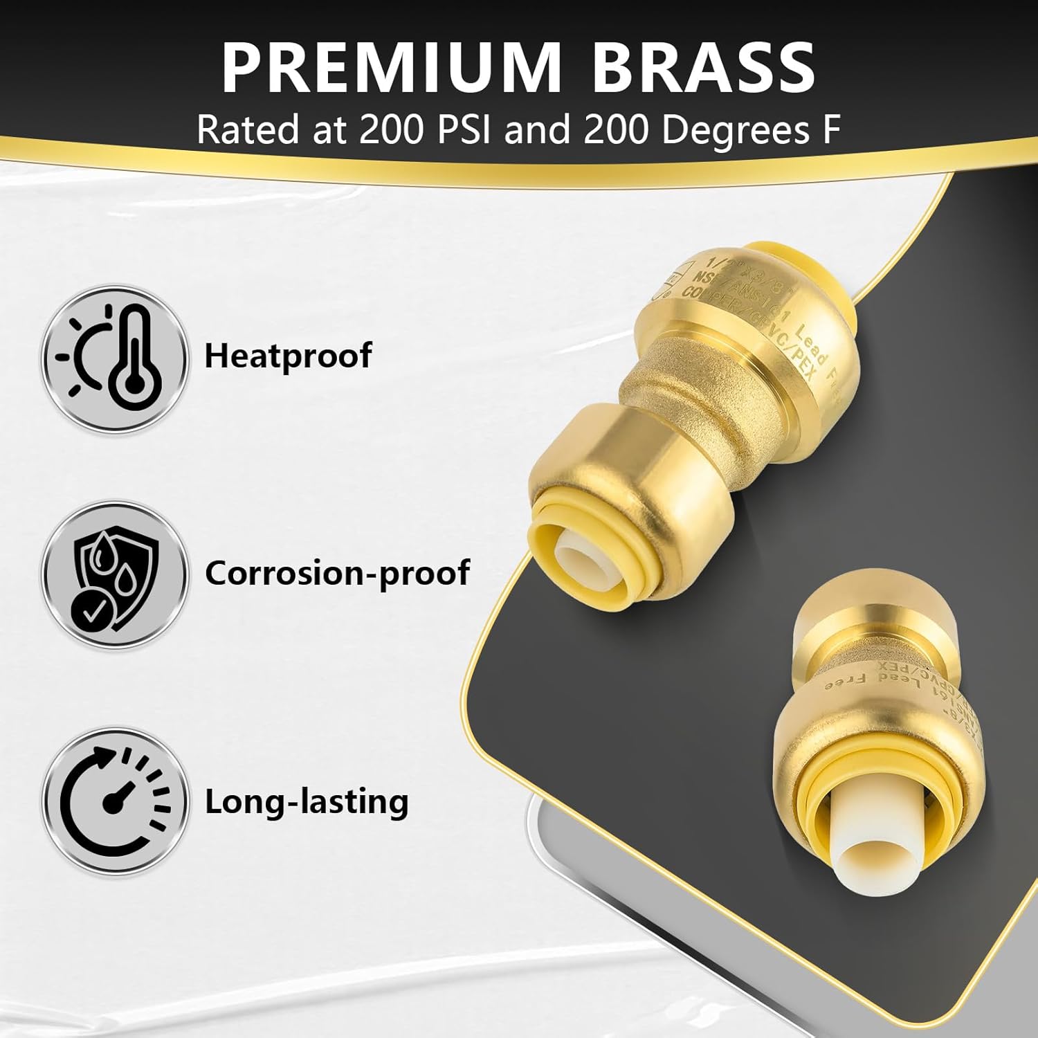 (10 Pack) Foskan 1/2" x 3/8" Reducing Coupling,Brass Push Fit Fittings, Push-to-Connect Coupler for Pex, Copper, CPVC Pipes,Includes Removal Clip
