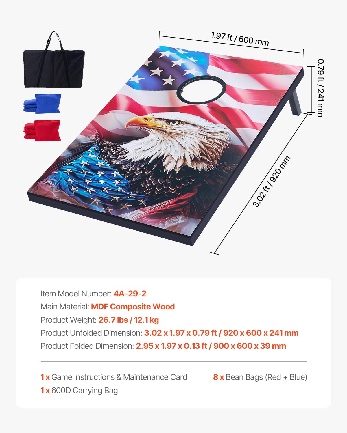 VEVOR Juego de Cornhole, Tablero de Lanzamiento Portátil de Madera MDF, Ideal para Adultos a Jugar en Interiores y Exteriores, con 8 Bolsas de Frijoles y Estuche de Transporte, 900 x 600 x 39 mm