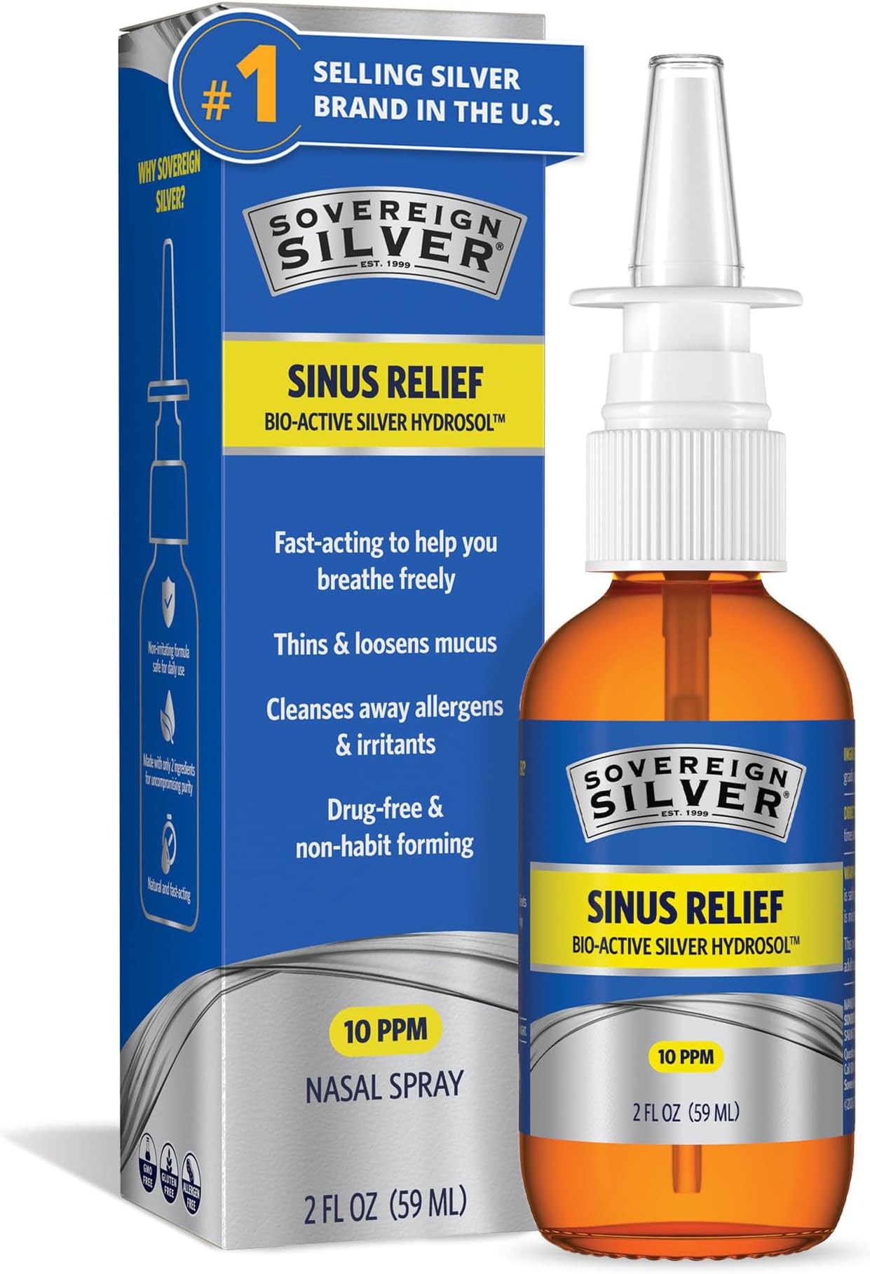 Sinus Relief Nasal Spray, 2 fl oz (59 mL) | Bio-Active Silver Hydrosol, Sinus Spray to Cleanse Mucus & Allergens, Drug-Free Nasal Cleanser, Non-Habit Forming, 10 ppm