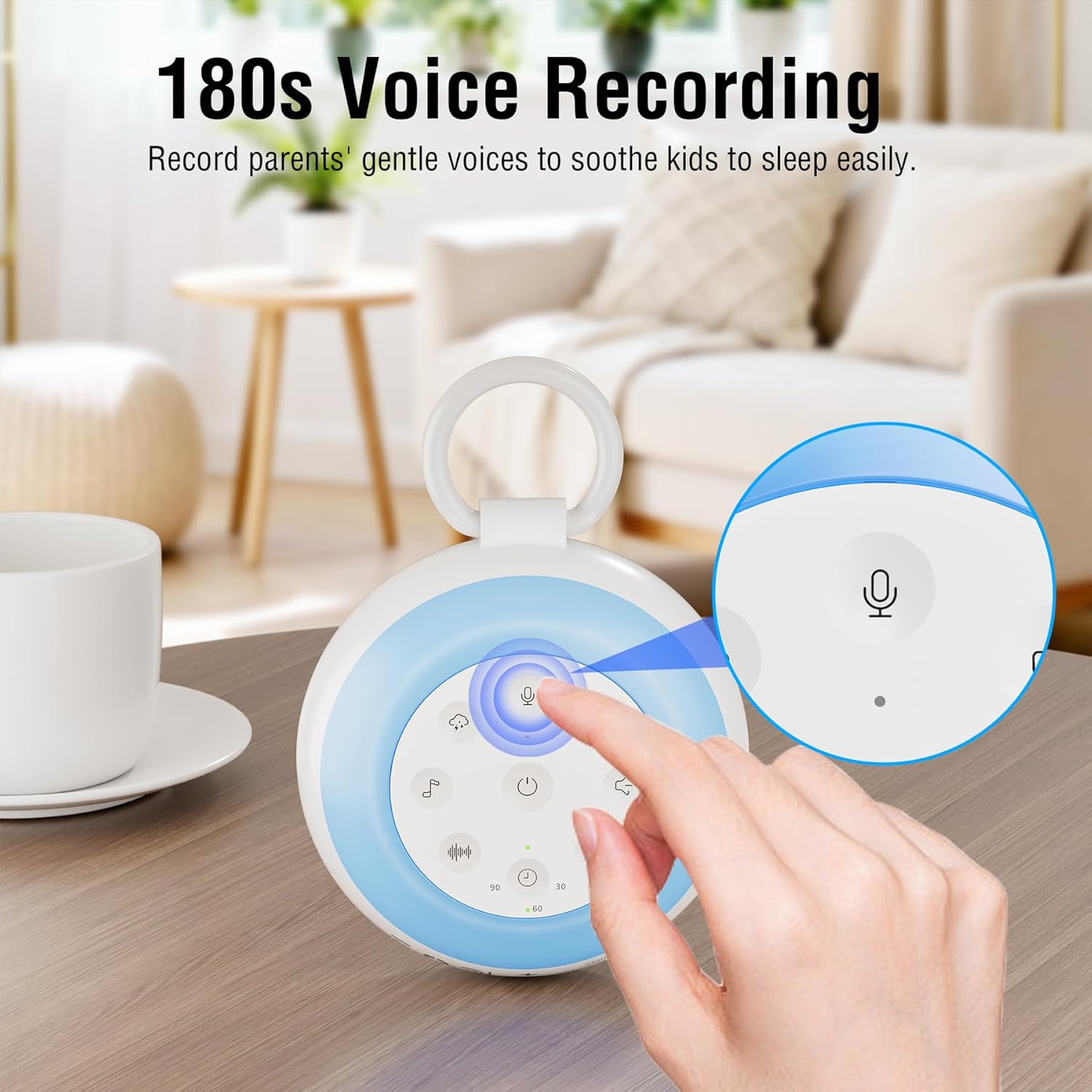 MEGATEK Sleep Sound Machine, 24 Soothing Sounds, 9 Color Dimmable Night Light, Bluetooth & 180s Voice Recording, 2000mAh Rechargeable Battery with Timer & Hook, Easy to Use