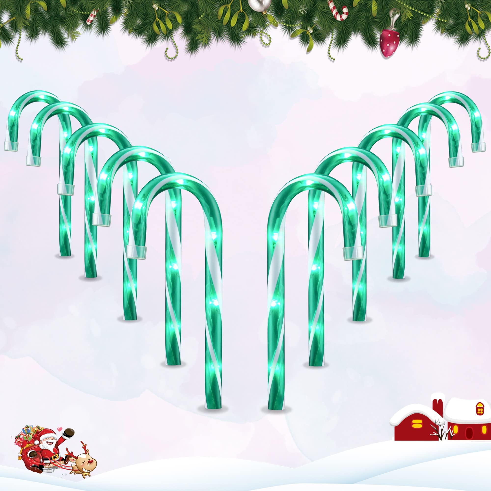 Lot de 10 lumières de Noël en sucre d'orge de Noël de 25,4 cm – Décorations d'extérieur connectables et lumineuses pour fête de Noël, décoration d'intérieur et d'extérieur, vert
