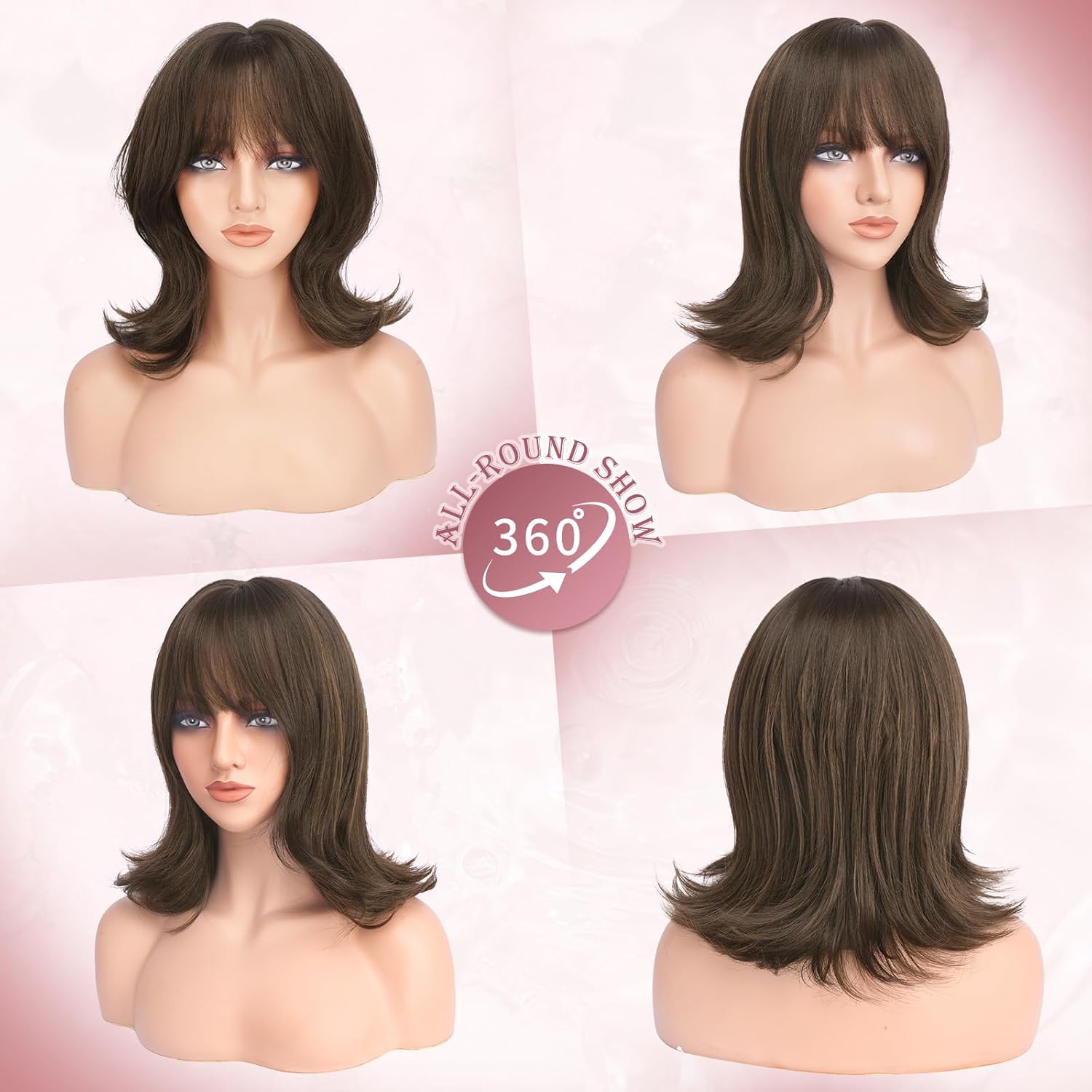 Haloo Brown Short Bob Wigs with Bangs Shoulder Length Wavy Layered Flipped Ends Natural Looking Medium Synthetic Hair Wig for Women Daily Party, 14 Inch Brown with Highlights