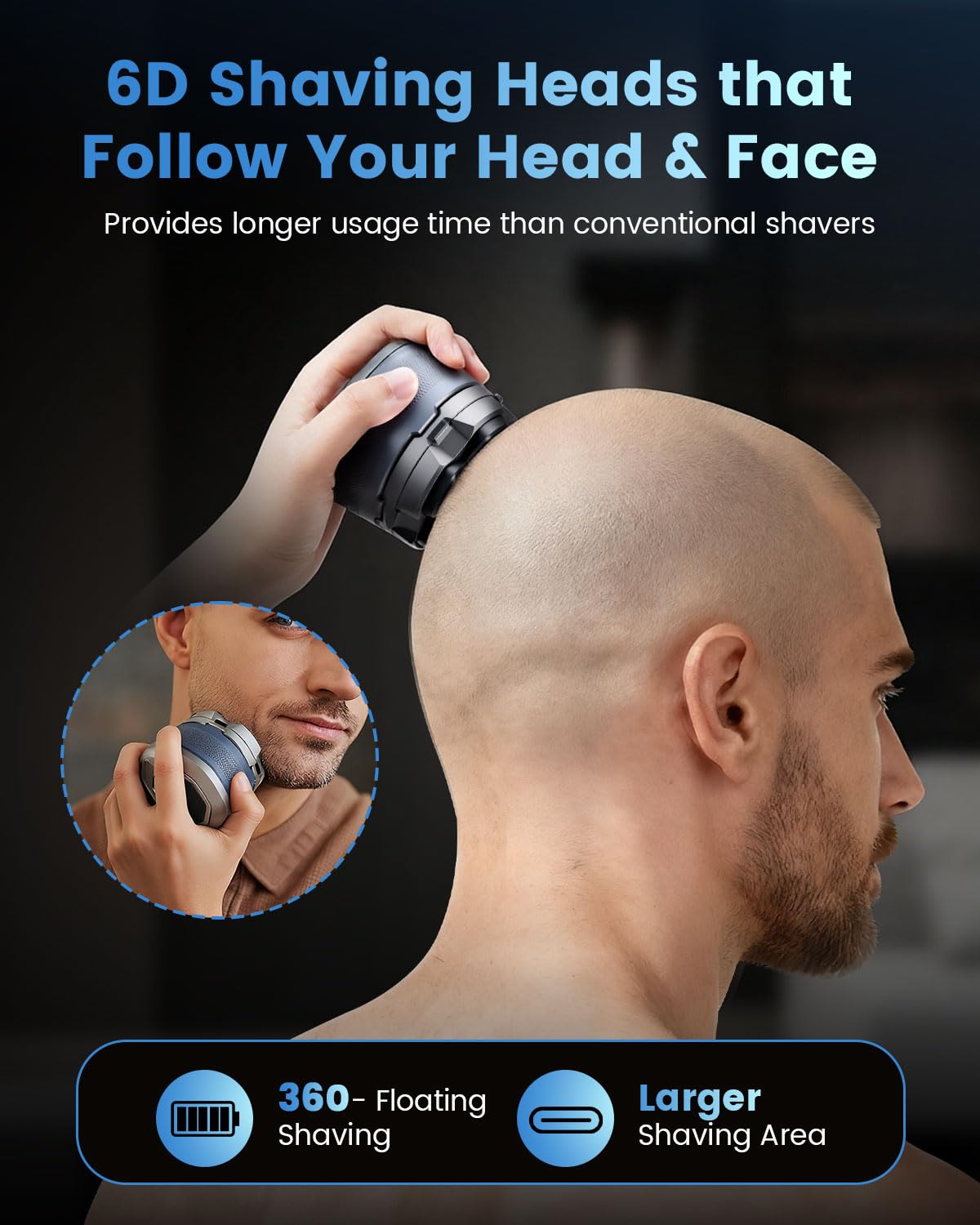 Maquinilla de afeitar calva para hombre, cabeza flexible 6D, afeitadora eléctrica para cabeza y barba para calvicie, impermeable, húmedo y seco, cargador rápido USB-C, cortador de calvicie ergonómico