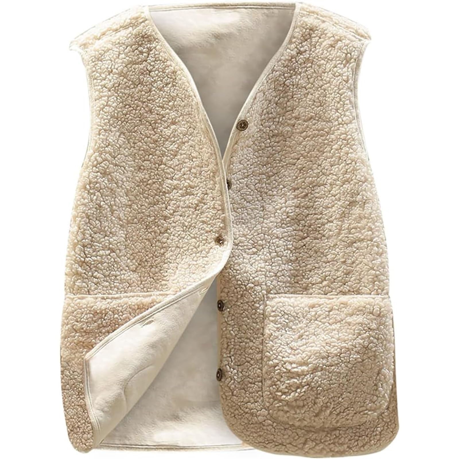 Dlldlgg Unisex Cream White Teddy Vest Women Winter Fleece Vest Sleeveless Casual Teddy Jacket Lightweight Women's Winter Warm Coat(,L)