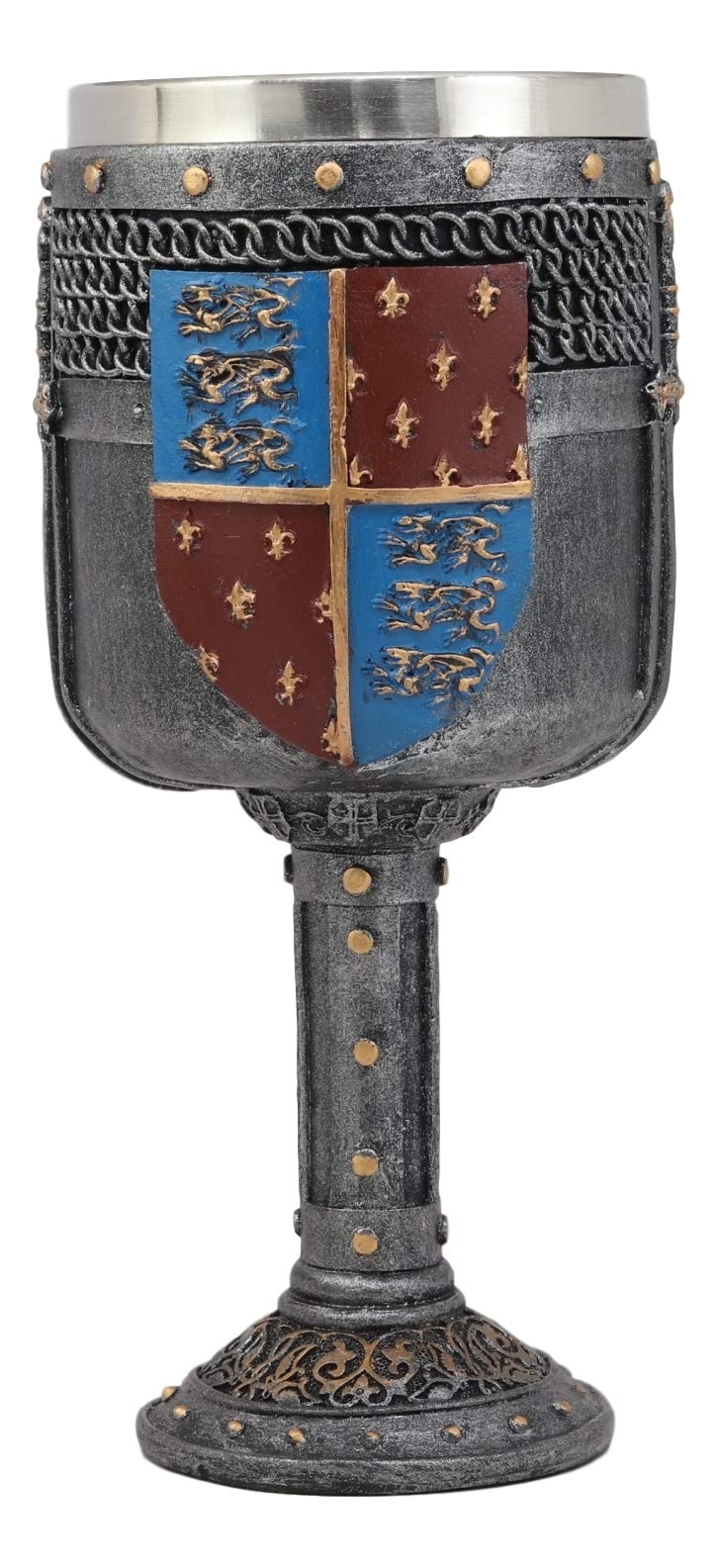 Ebros Large Renaissance Medieval Kingdom Heraldry Coat Of Arms Fleur De Lis Three Lions Shield And Swords Wine Goblet 8.25