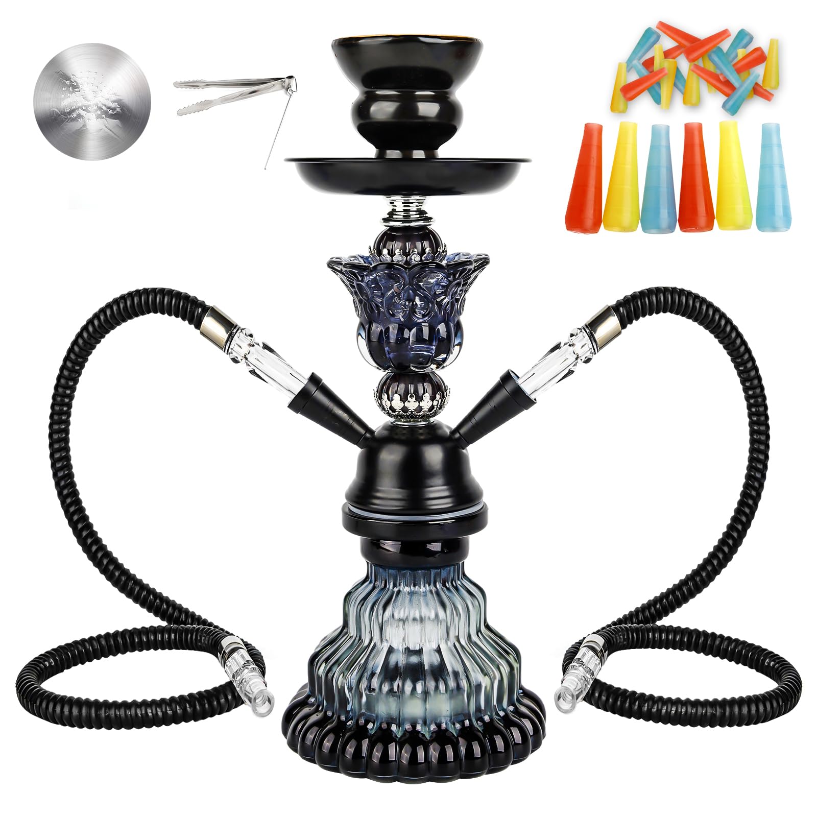 2 Hose Hookah Set - 11"Small Shisha Hookah Set with Glass Vase, Ceramic Bowl, Leather Hose, Coal Tongs Ashtray,Hookah Foil and 20 Hookah Tips (Black)