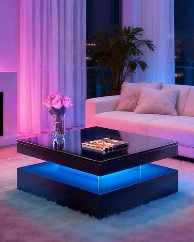 Miniatura 13 de FKWin Mesas de centro modernas negras – Mesa de centro cuadrada con espejo de profundidad infinita con luces LED, mesa negra para sala de estar,