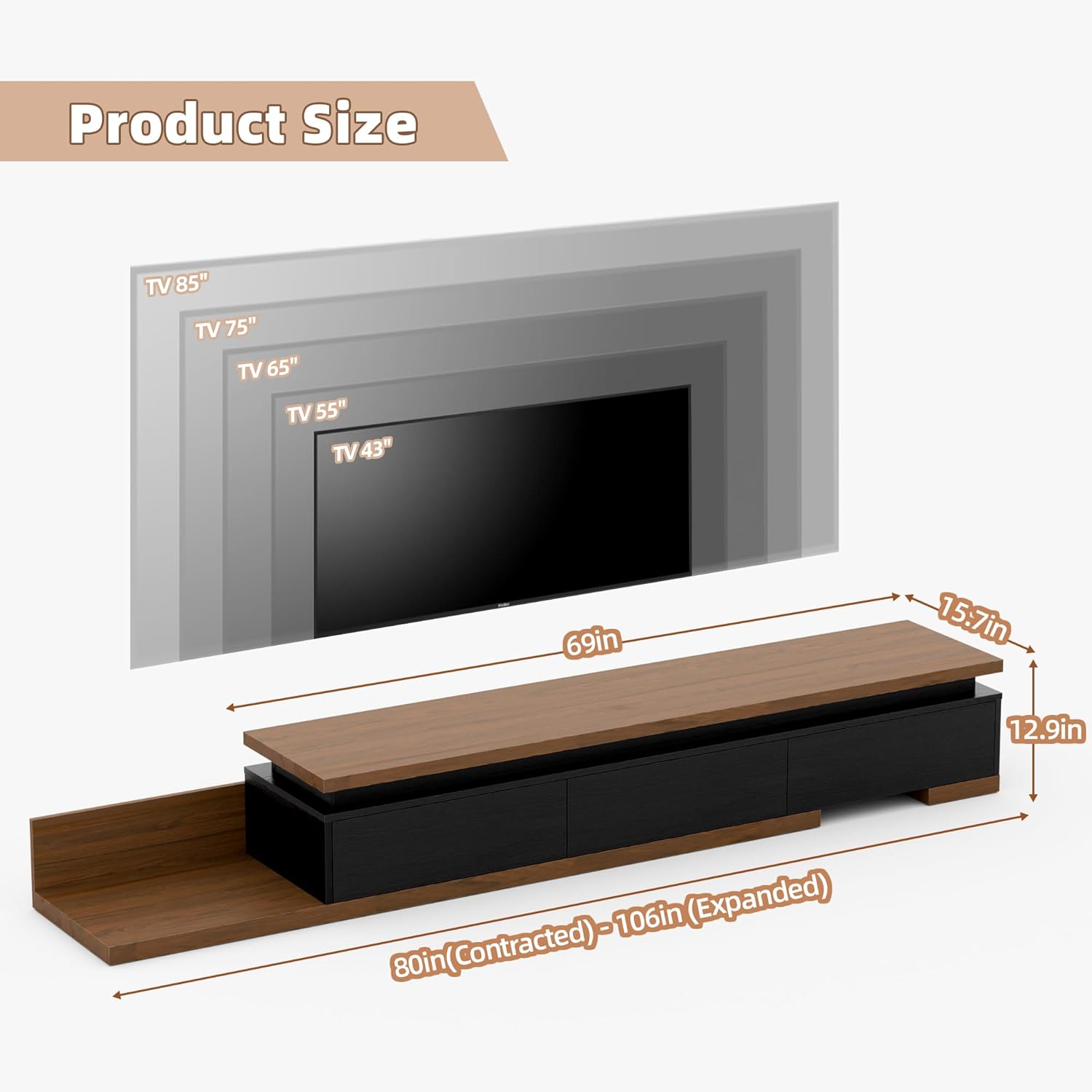 Extendable TV Stand with LED Lights (80” - 106”), Modern TV Console with 3 Drawers, Wooden Reversible Entertainment Center Up to 120 Inch TV, Living Room, Bedroom, Black & Walnut