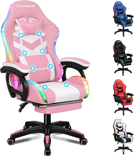 ELFORDSON Gaming Chair with RGB LED Light, 8-Point Massage Computer Office Chair with Lumbar Support Footrest 82cm High Back 150° Recliner, Pink & White