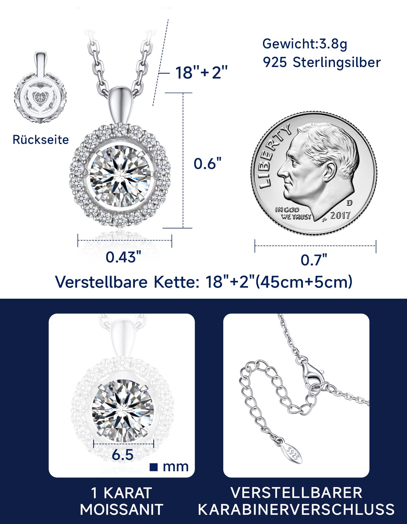 MomentWish Moissanite Collana Donna, 1 Carato Punto Luce Sparkling Dancing Collana Argento 925 Ciondolo Gioielli Regalo per Donne Fidanzata Cuore/Halo/Trifoglio/Ferro di Cavallo