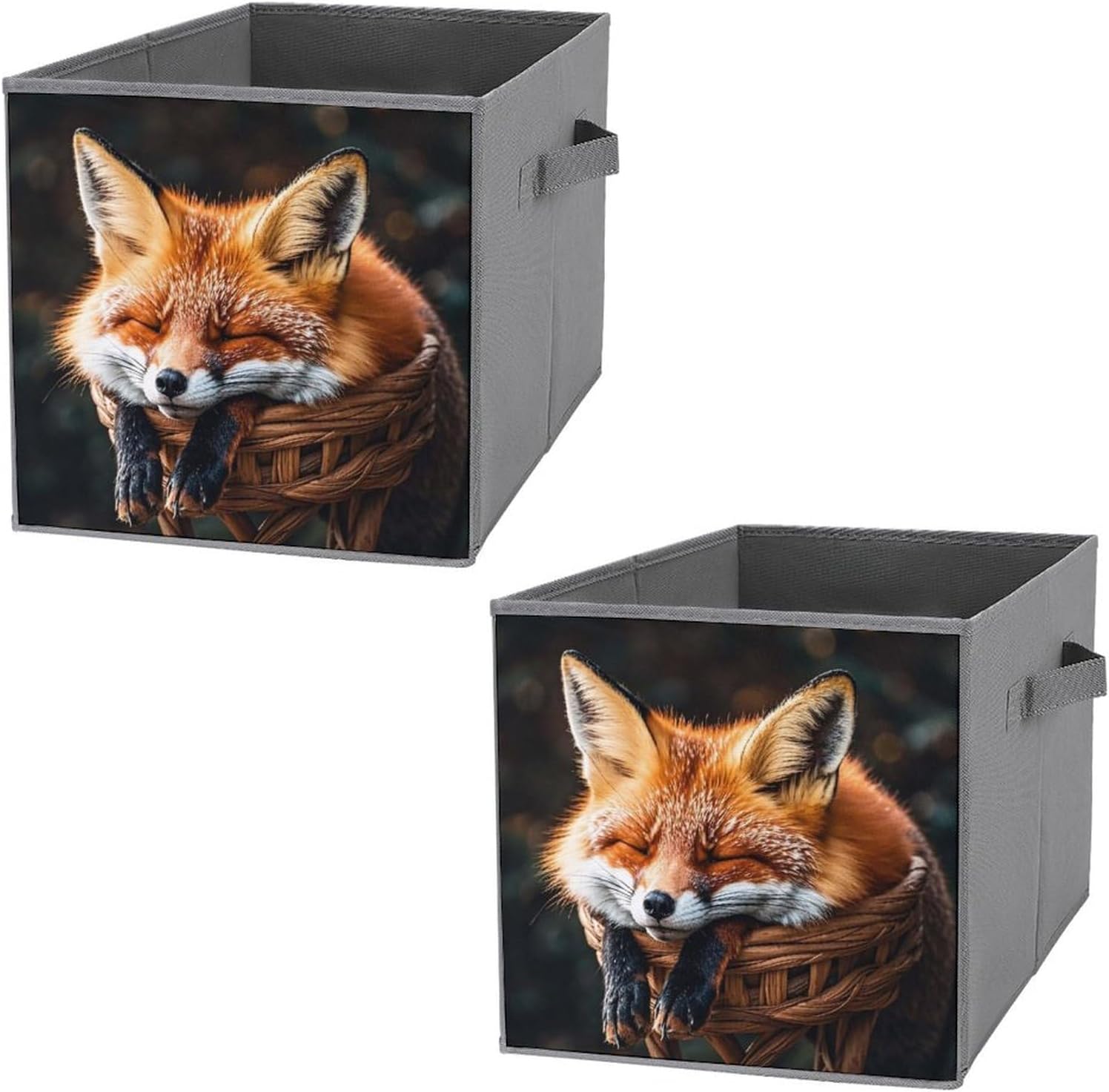 2PCS Foldable Storage Bins Funny Fox Creature Sleeping Printed Storage Boxes Large Capacity Storage Container With Handle Storage Cubes for Playroom Office Home Organization