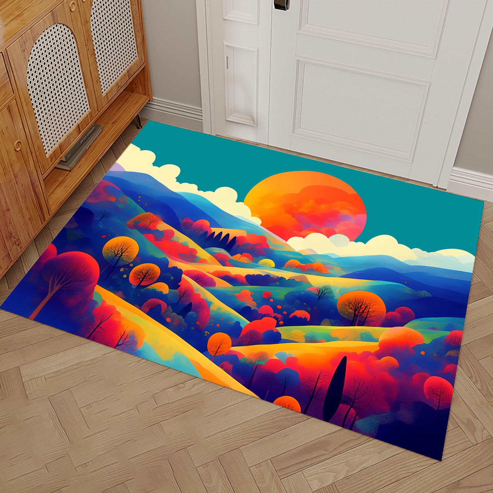 Tapis de sol entrée au motif de soleil rouge et collines déco
