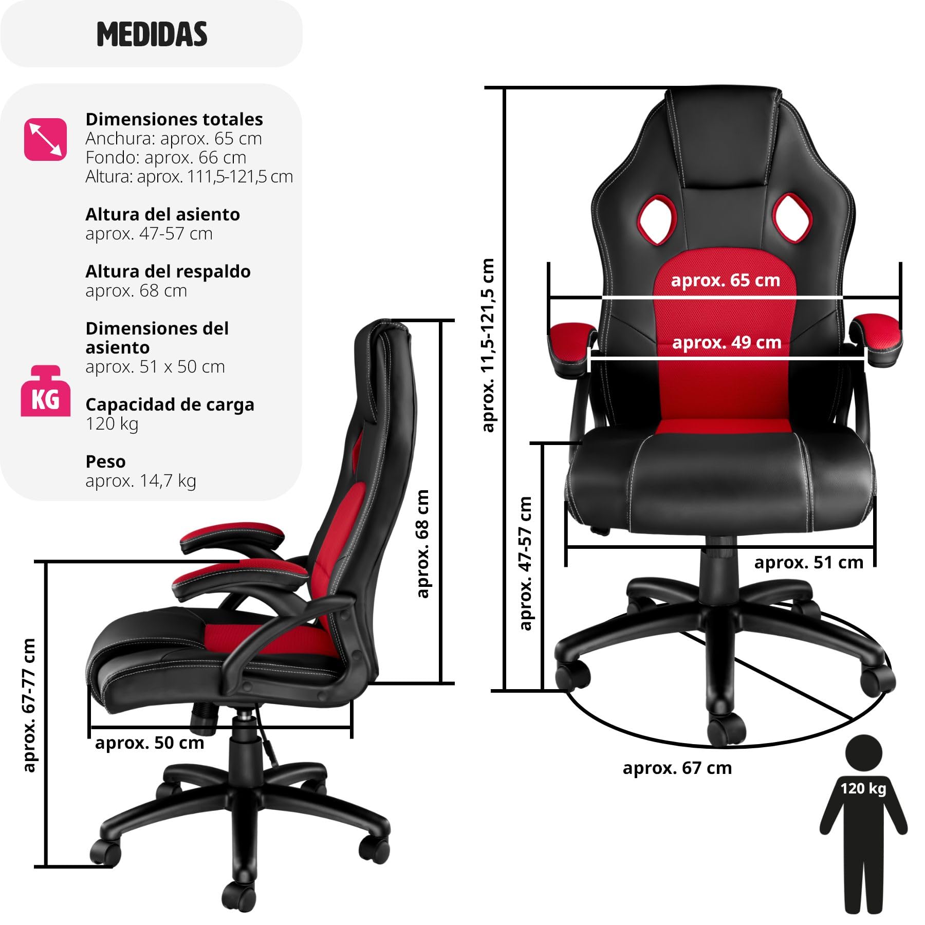 tectake® Silla Gamer Ergonómica, Ajuste de Altura, Silla de Escritorio de Oficina, Silla de Estudio con Acolchado Cómodo, Silla con Reposabrazos y Ruedas, Sillas Gaming para Ordenador - Negro/Rojo