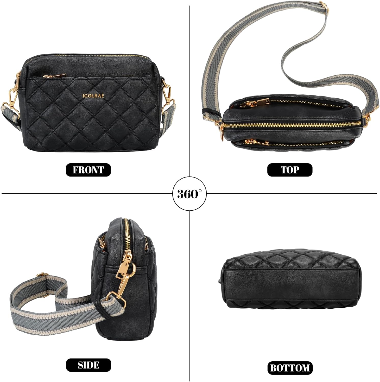 ICOLRAE Small Crossbody Purse for Women Quilted Triple Zip Phone Vegan Leather Handbag with Wide Shoulder Strap - Image 3