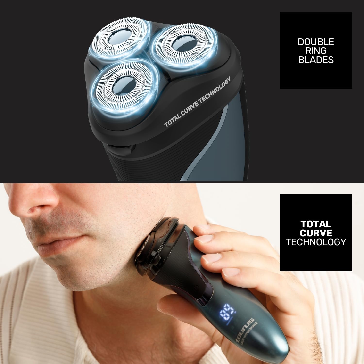 Taurus - Elektrorasierer Herren + 100 Min Laufzeit | 3-fach Scherkopf | Nass & Trocken (IPX7) | Präzisionstrimmer | Total Curve Technology | Kabellos & mit Kabel | Ergonomisch, reisefreundlich
