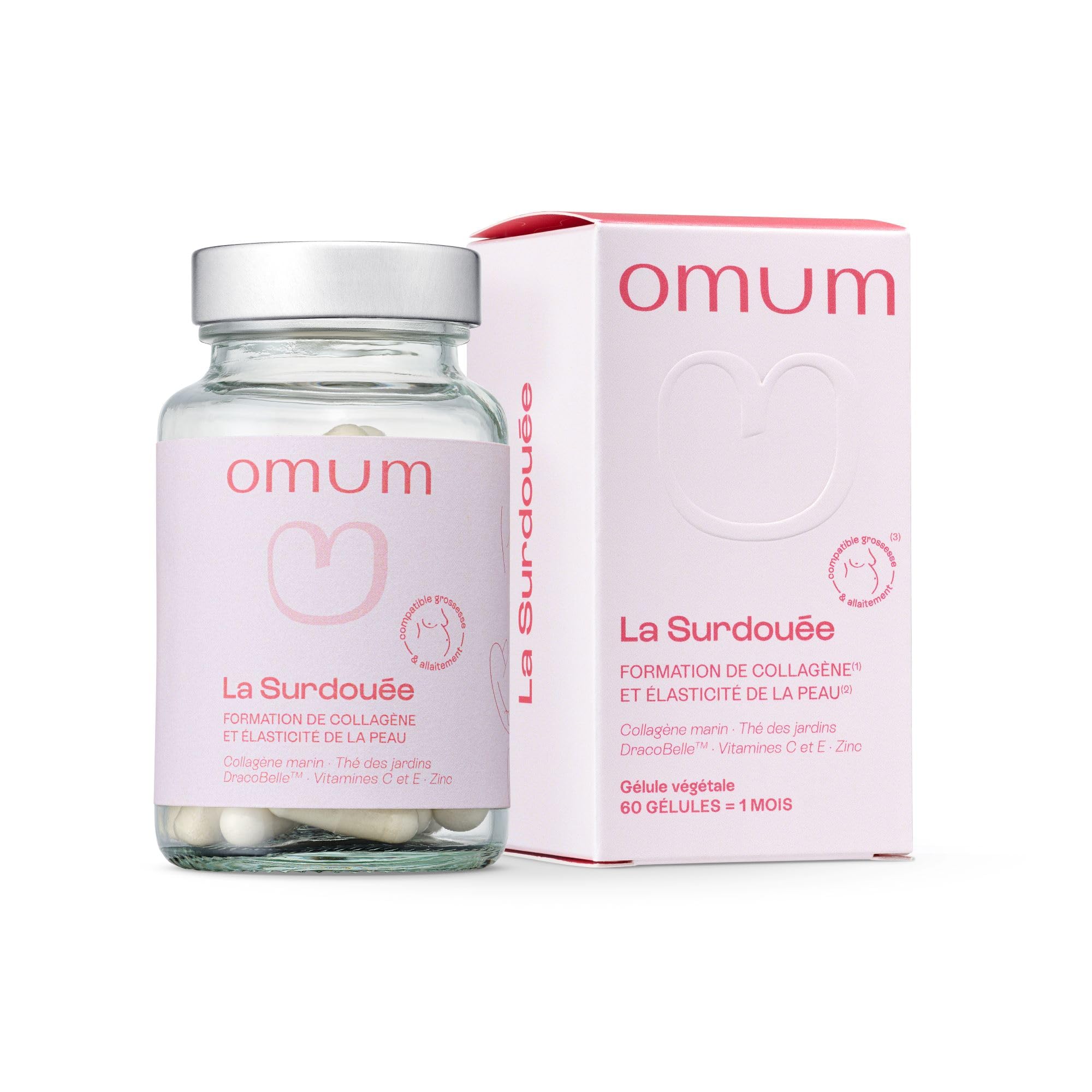 OMUM - La Surdouée - Complément Alimentaire au collagène marin - Elasticité, hydratation beauté de la peau - Compatible grossesse et allaitement, sans gluten ni gélatine - 60 gélules 1 mois de cure