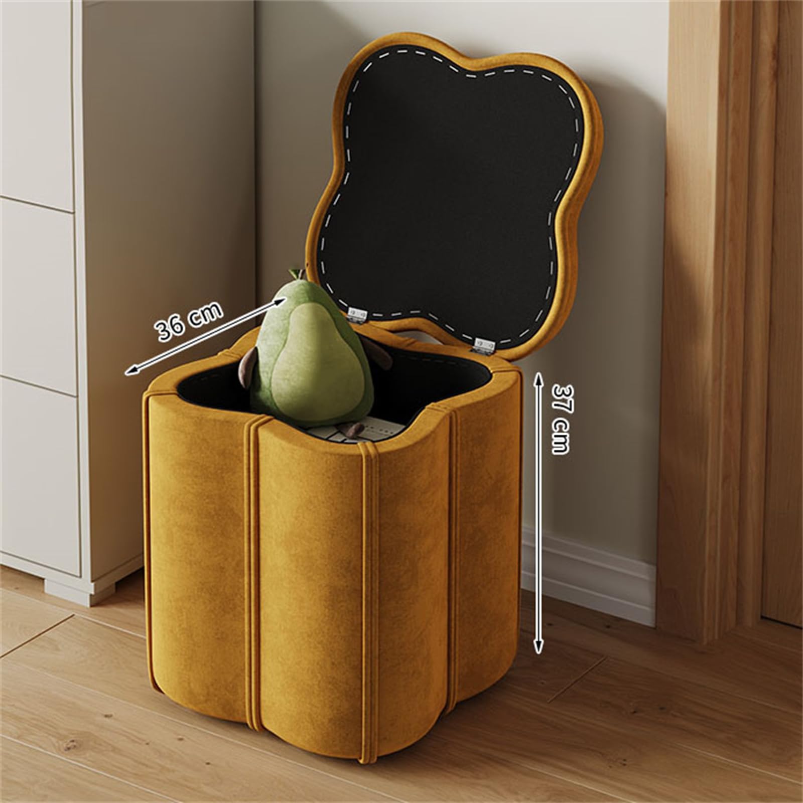 Otomana Redonda con Almacenamiento, Tapa extraíble y Asiento Acolchado. Elegante reposapiés para Dormitorio o Sala de Estar. Diámetro: 37 cm (14,57 Pulgadas).