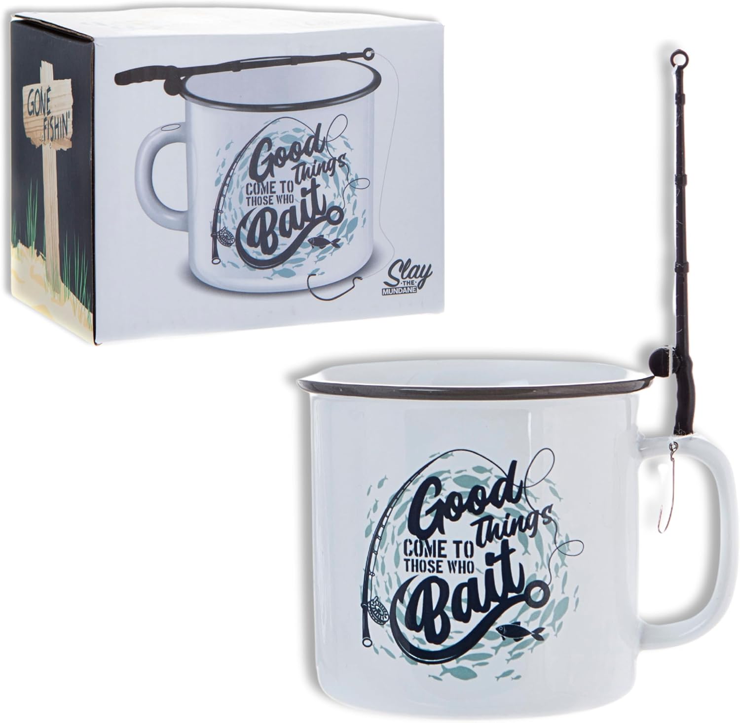 Boxer Gifts 'Good Things Come to Those Who Bait' Mug - Funny Fishing Gifts for Men On Birthday Or Christmas | Comes with a Joke Rod for Dunking Biscuits, White - Image 5