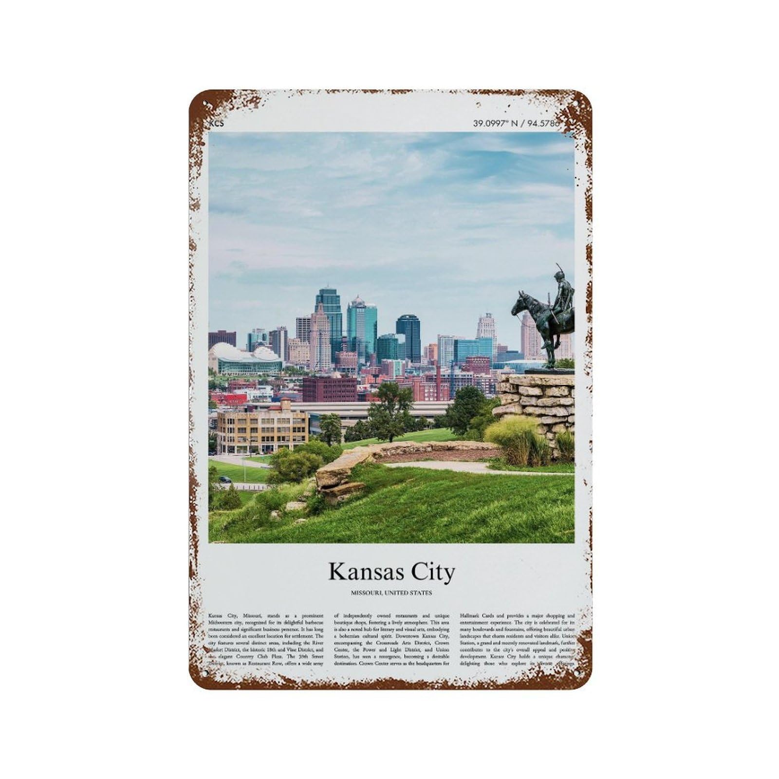 xiaoxiaoshen Kansas City Missouri, United States, USA City Scenery Wall Decor Art Metal Tin Poster Modern Home Decor Art Home Bar Shop Decorations Vintage Sign 30x20cm