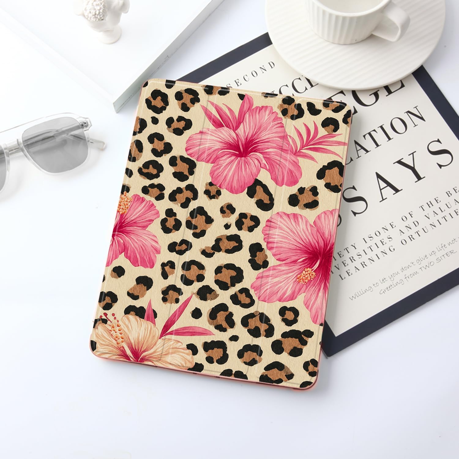 JOYLAND for iPad Air 5th/4th Generation 10.9 Inch 2022/2020 with Pencil Holder-Auto Wake/Sleep,Leopard Print&Flower Anti-Scratch Shockproof Premium Folio Stand Case,Pink