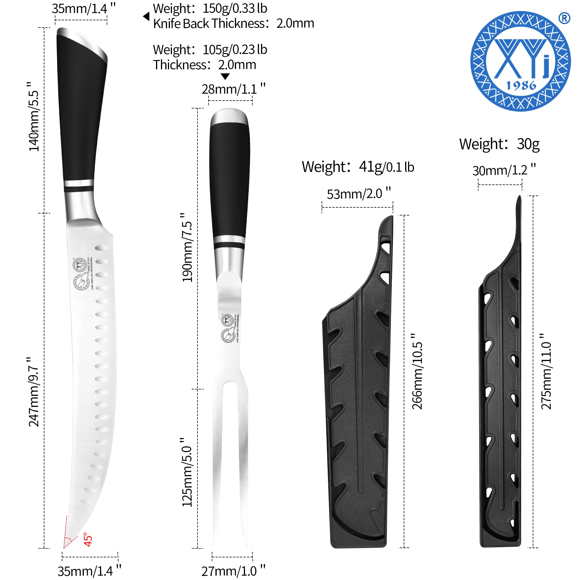 XYJ Authentic Since1986,Professional Carving Knife Set, 9.5 Inch Slicing Carving Knife and Meat Fork, Stainless Steel Kitchen Knife for Steak, Turkey, Ham, BBQ