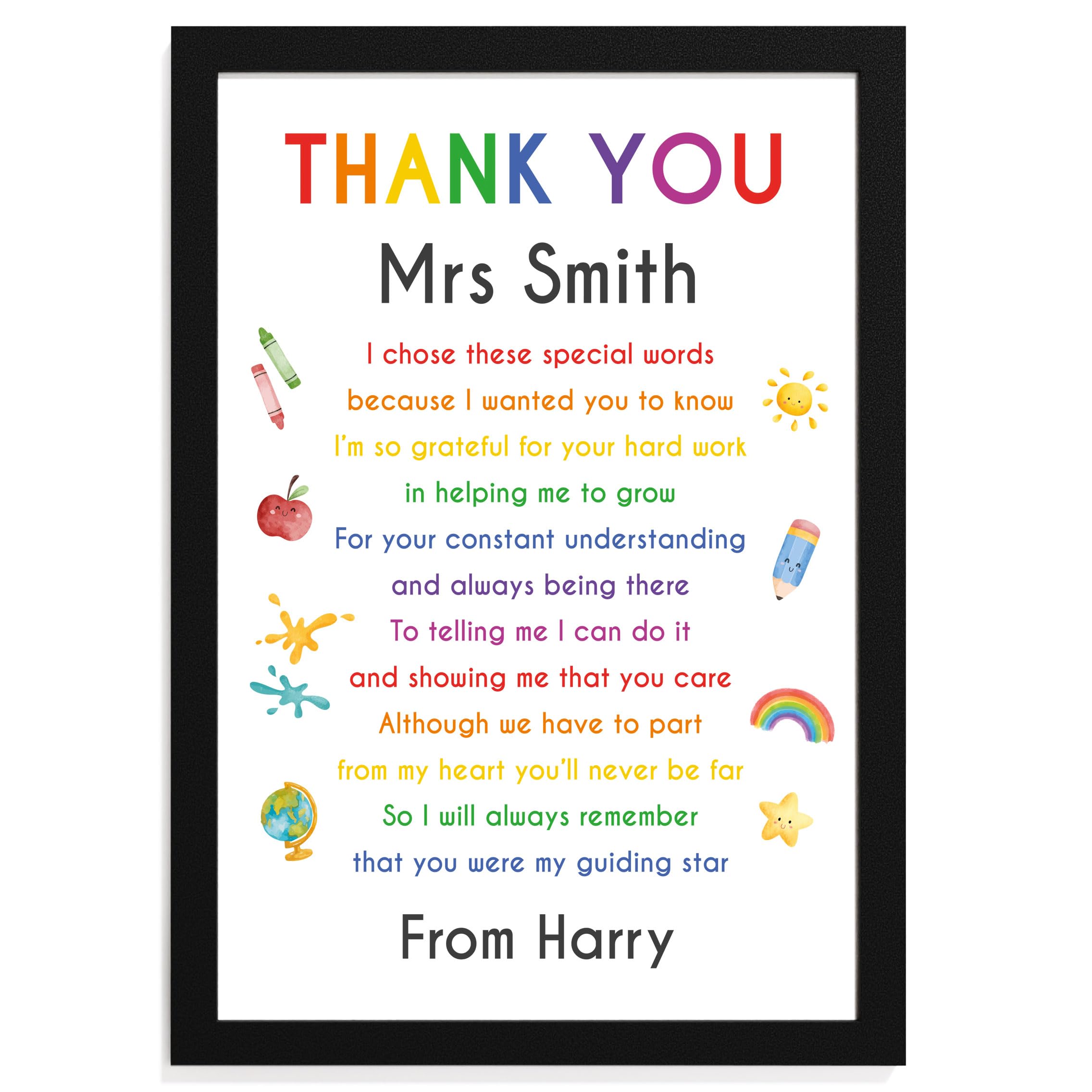 Beecreative Personalised Thank You Gifts For Teacher - A5, A4 Print and Wooden Frame - Teacher Thankyou Present