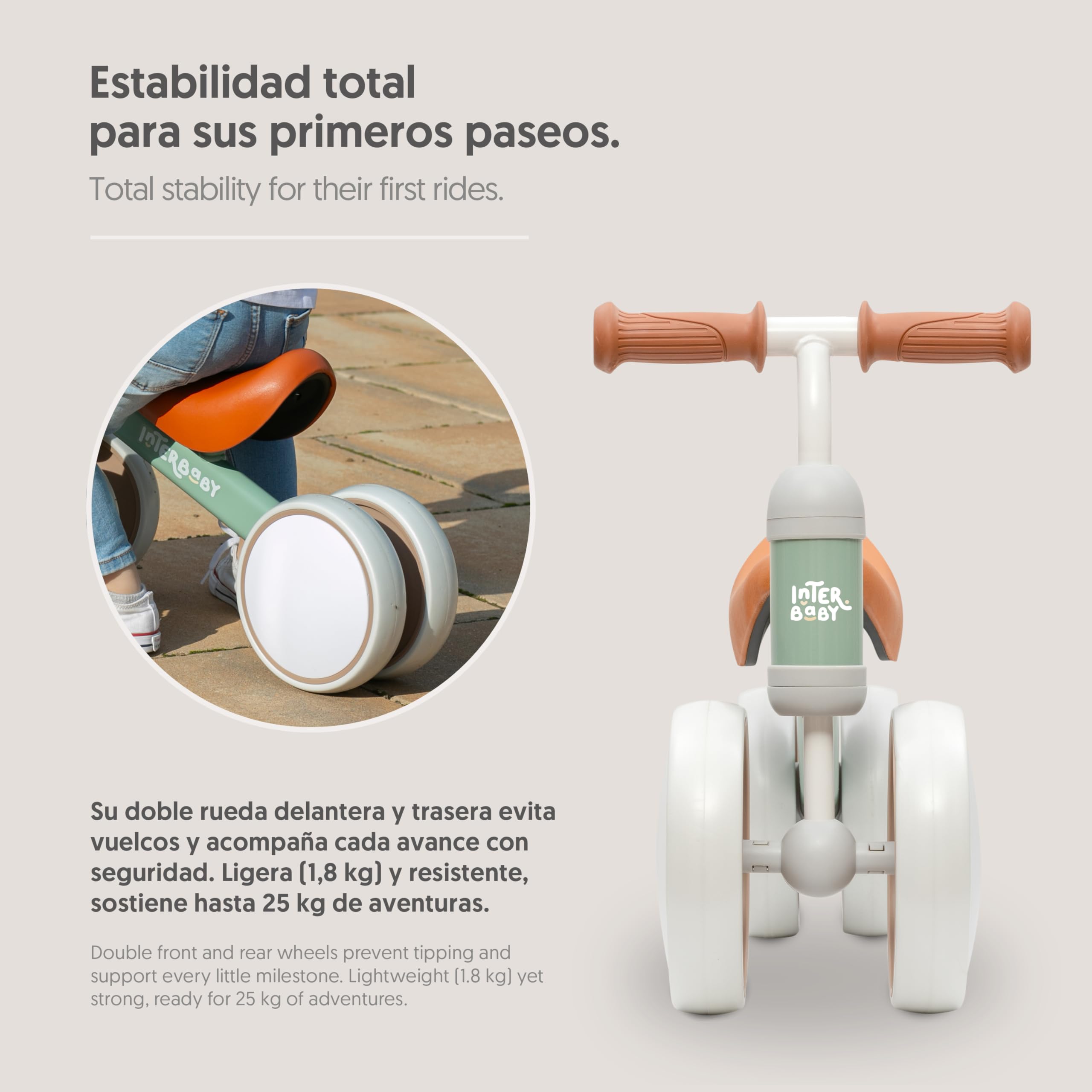 Interbaby Bicicleta sin Pedales Bebé 1 a 3 Años - Bicicleta de Equilibrio para Niños 12-36 Meses, Correpasillos Bebé Seguro 4 Ruedas, Primera Bici Niño 1-2 Años, Regalo Bebé 1 Año (Verde)