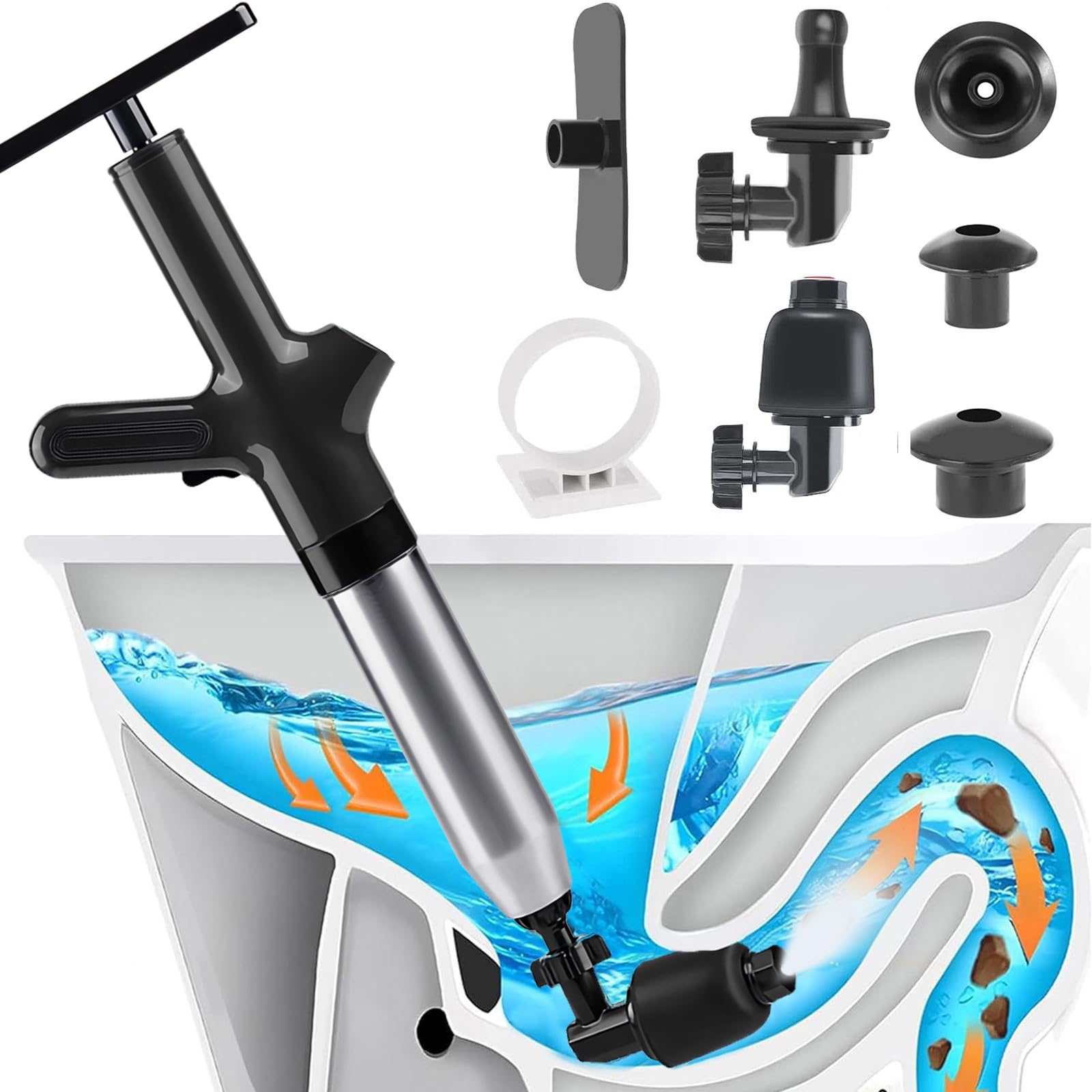 Rohrreiniger Druckluft,Toiletten Pömpel Abflussreiniger Pumpe mit Luftdruckanzeige,Pressluft Rohrreiniger mit 4 Adapter,Hochdruck Toilettenkolben für Waschbecken,Rohrverstopfung,Bodenablauf
