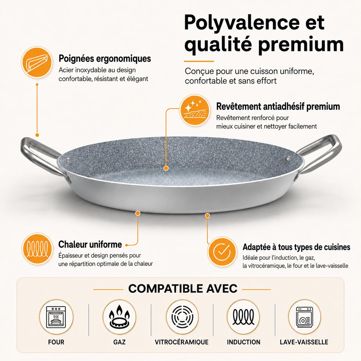TEHORNEO Poêle Paella, Plat à Paella 30 cm Aluminium Antiadhésif 3-4 Portions, Compatible avec Plaques à Induction, Vitrocéramiques, Gaz