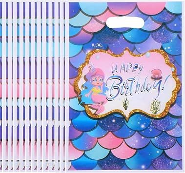 YIYIMIMO Mermaid Party Favor Bags 50 Pack, Plastic Goodie Bags Treat Bags with Handles for Kids Girls Mermaid Birthday Party Supplies Decorations