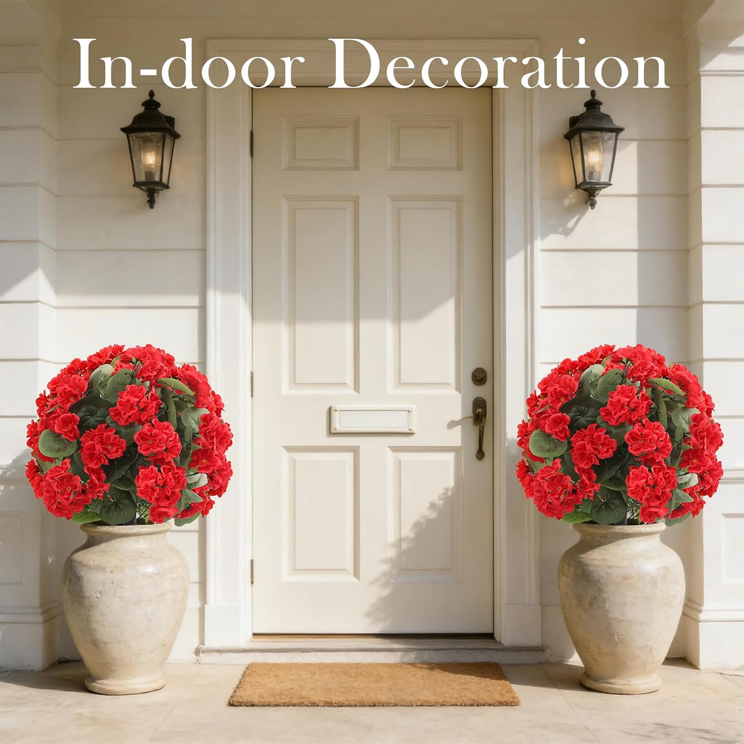 Artificial Outdoor Topiary Trees with Geranium Flowers - Set of 2 UV Resistant Fake Flower Planters Faux Shrubs Bushes with Ground Spike for Front Porch Door Garden Decor (Red)