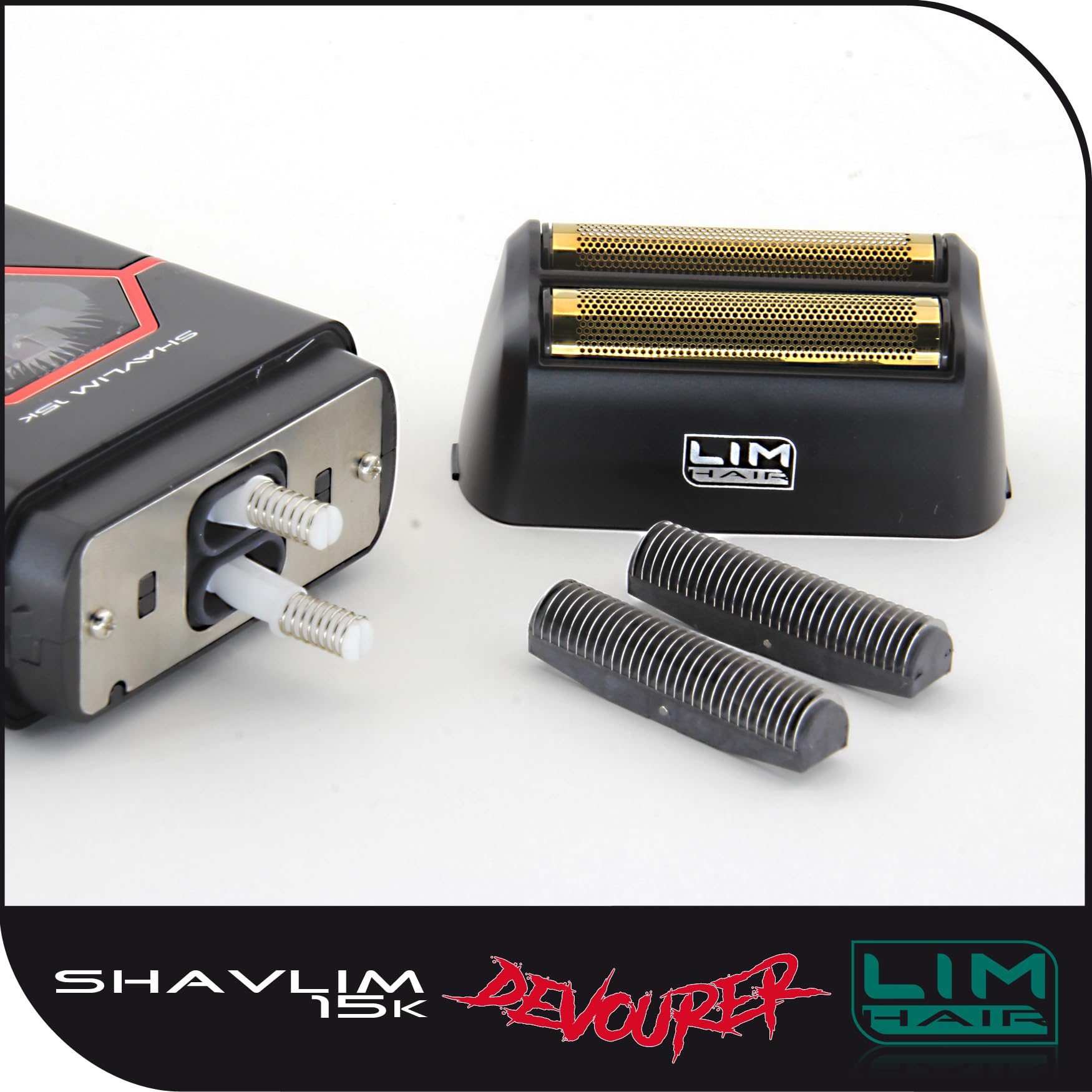 Afeitadora profesional LIM HAIR SHAVLIM 15k DEVOURER para profesionales cualificados. Motor VECTOR 15.000 rpm, Doble cuchilla Titanio hipoalergénico, ZERO Effect, Batería Litio, Sistema control par