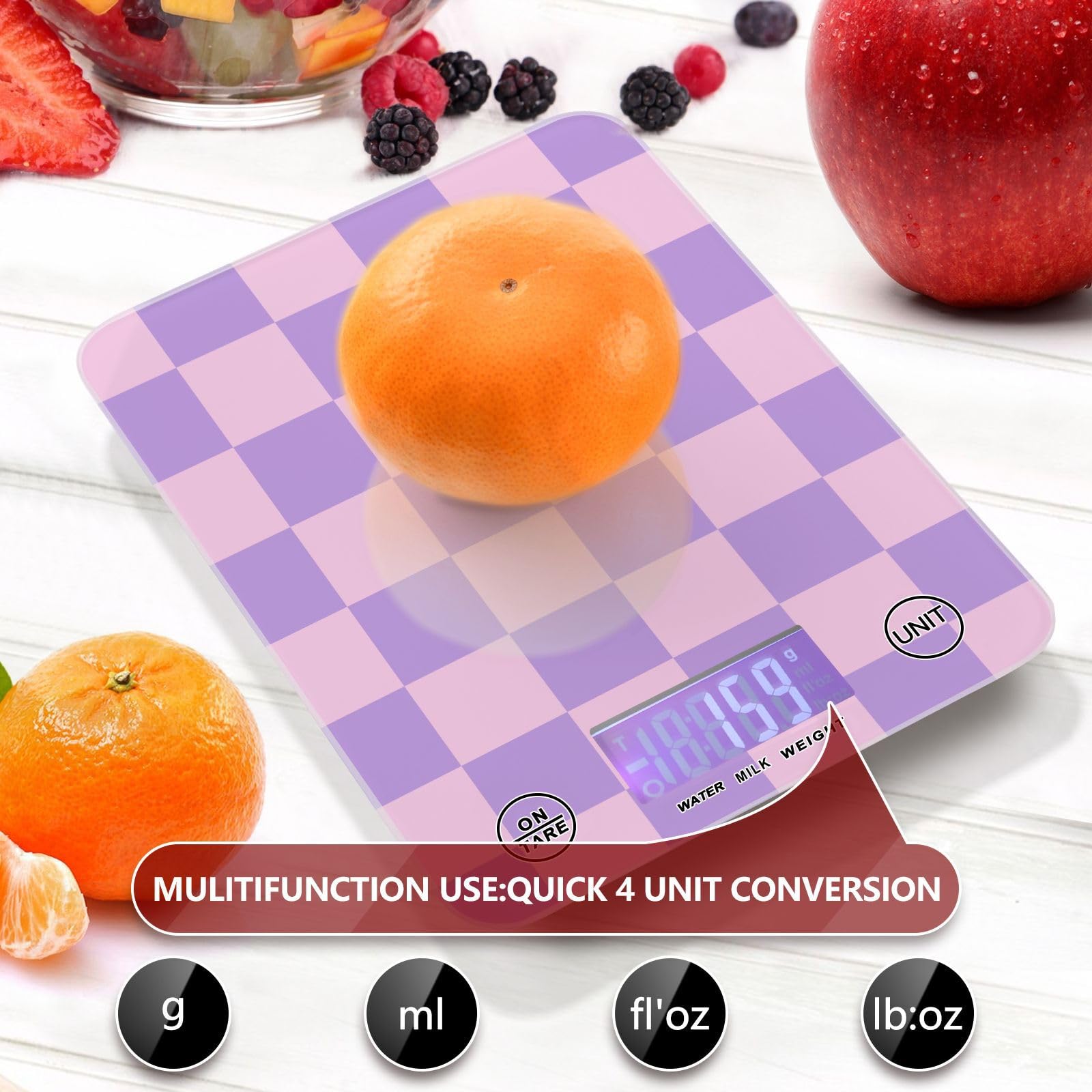 Báscula de cocina para hornear, cocinar, pesaje digital de alimentos, báscula de medición pequeña, impermeable, báscula eléctrica de alimentos a cuadros, color morado