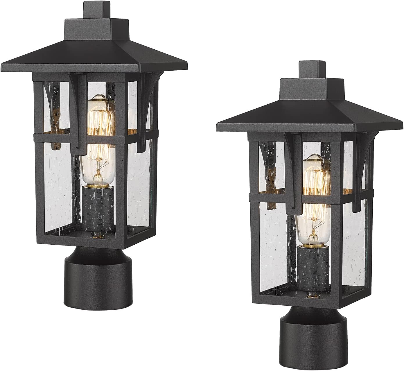 Outdoor Post Light Fixtures, HWH Exterior Pillar Light 2 Pack, Industrial Pole Lamp in Matte Black Finish with Seeded Glass, 5HX62P-2PK BK