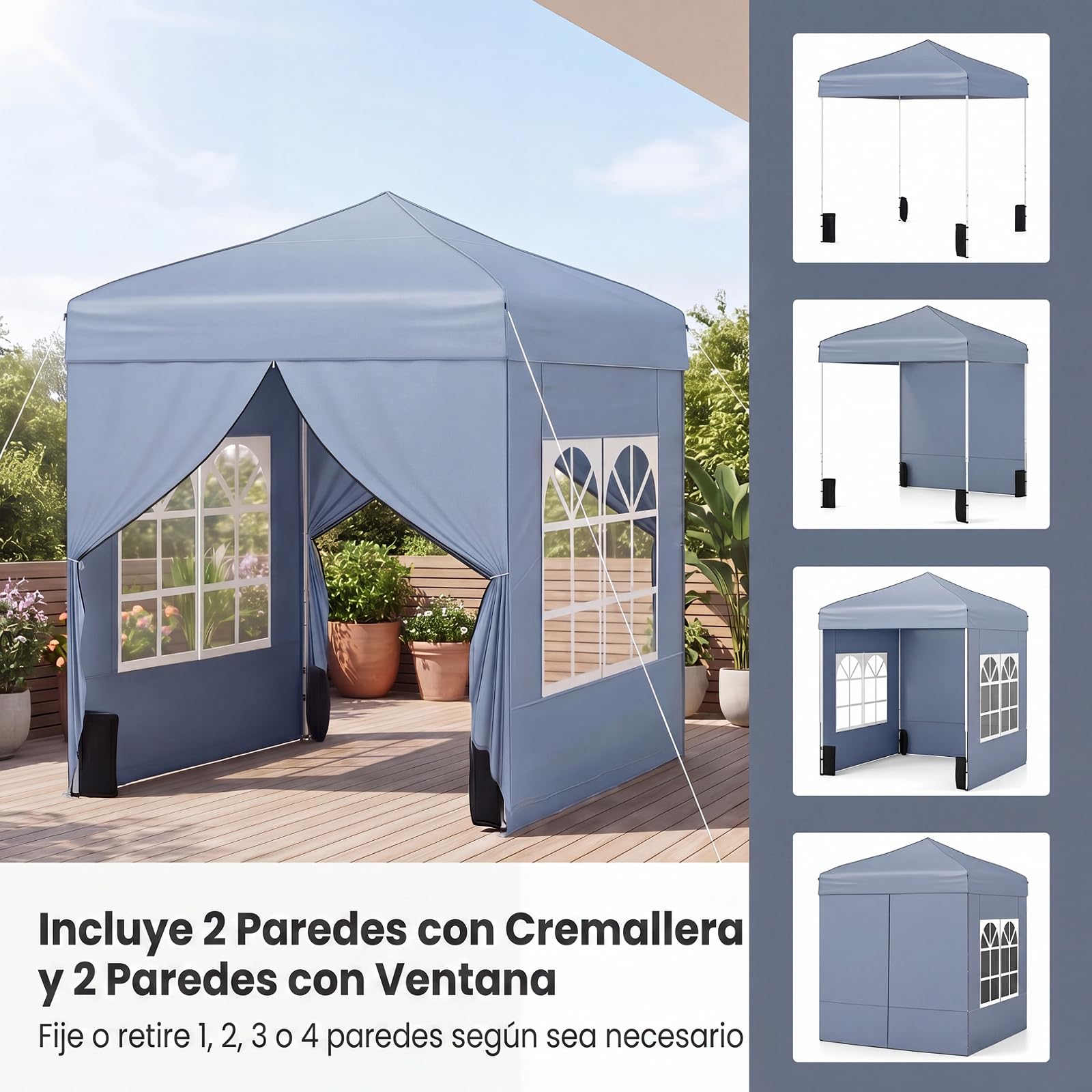 GOPLUS Carpa Plegable de Jardin con 4 Paredes Laterales, 1,94x1,94 M, Cenador Pop-up con Aultra Ajustable, Bolsa de Transporte, 4 Sacros de Arena,para Eventos, Terraza, Exterior (194x194 cm,Gris)