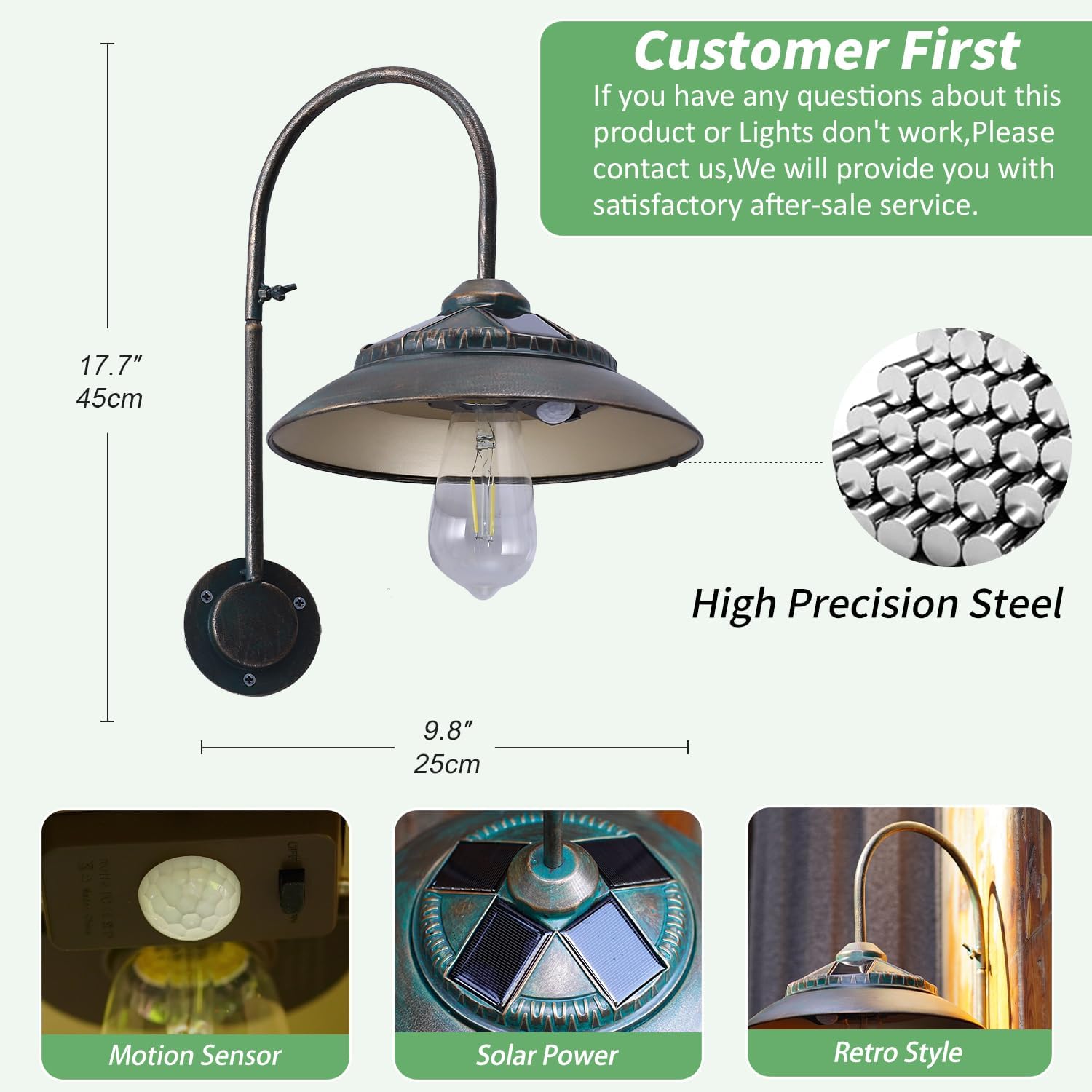 Solar Gooseneck Lights Outdoor Waterproof - Motion Sensor Rustic Vintage Porch Lights with Clear Glass LED Edison Bulbs and 4 Solar Panels for Barn,Patio,Coop,Shed and Courtyard(Bronze 1P)