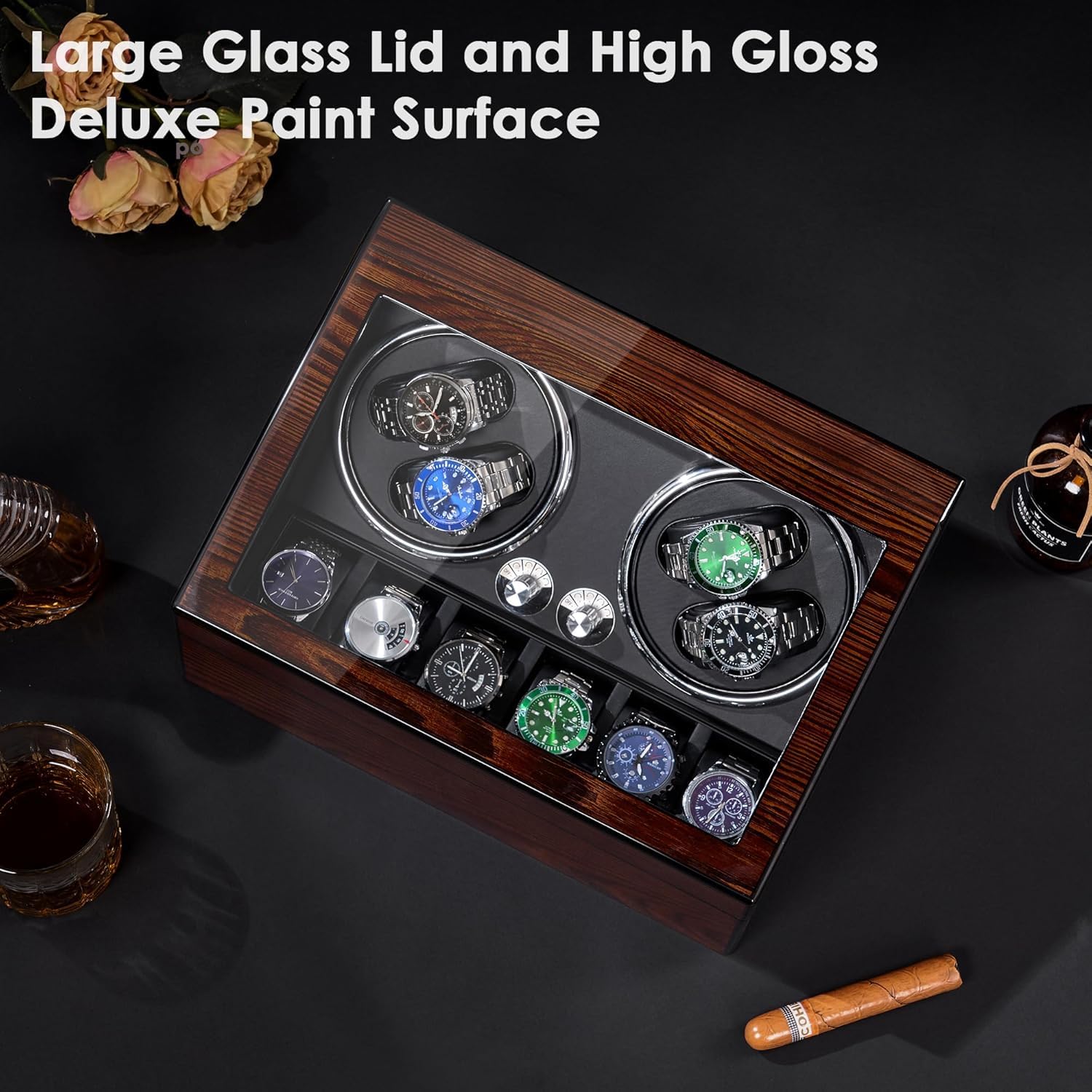 BEWISHOME Uhrenbeweger für Automatikuhren, Automatische Uhrenbeweger Box | 4 Uhrenbeweger mit LED-Licht leisem Motor und 6 extra Speicherplätze,Luxuriöser Automatik Uhrenbeweger,Watch Winder ESYQ01Y