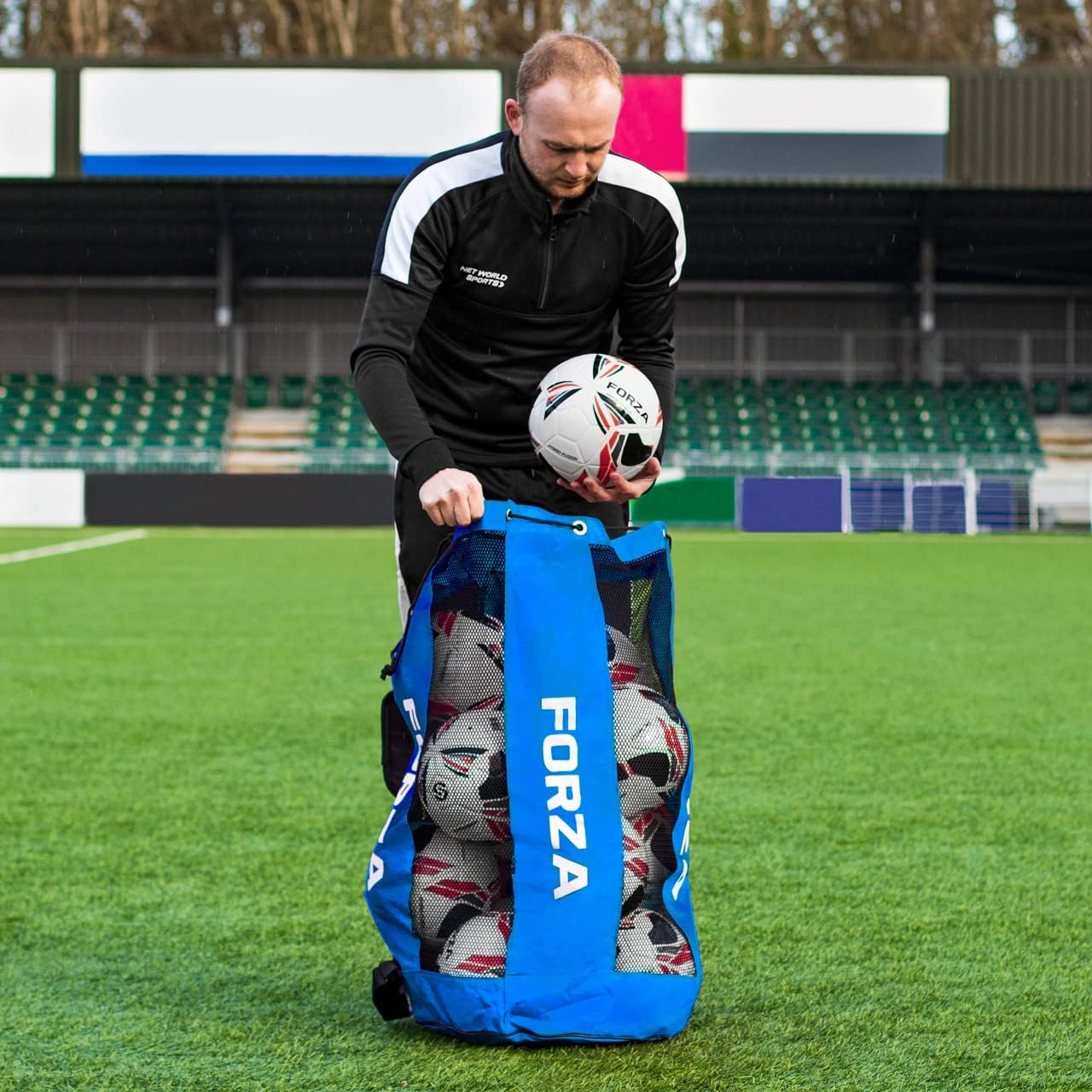 FORZA Premier Ball Carry Bag | Drawstring Soccer, Basketball, Netball & Volleyball Mesh Bag | 5 Color Options - Heavy Duty Equipment Holdall | 12 Ball Capacity